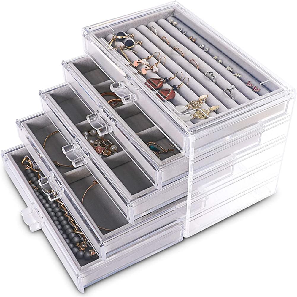 Clear Acrylic Jewelry Box with Velvet Lining - 15 Grid Jewelry Organizer Tray for Necklaces, Rings & Earrings | Jewelry Storage & Display Case for Dresser, Vanity & Travel