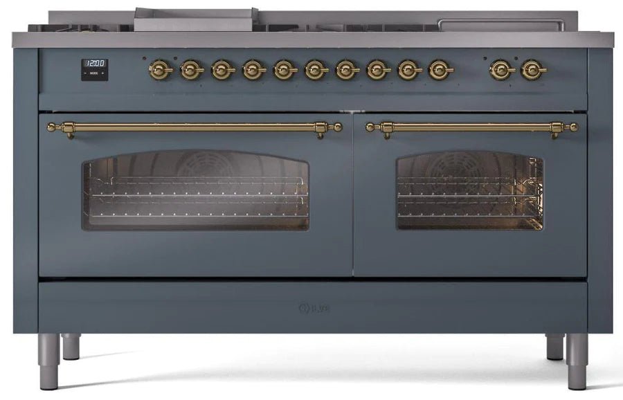 ILVE Nostalgie II 60-Inch Dual Fuel Natural Gas Range with Brass Trim - Blue Grey (UP60FSNMPBGG) | Professional Italian Kitchen Appliance for Home Chefs & Gourmet Cooking