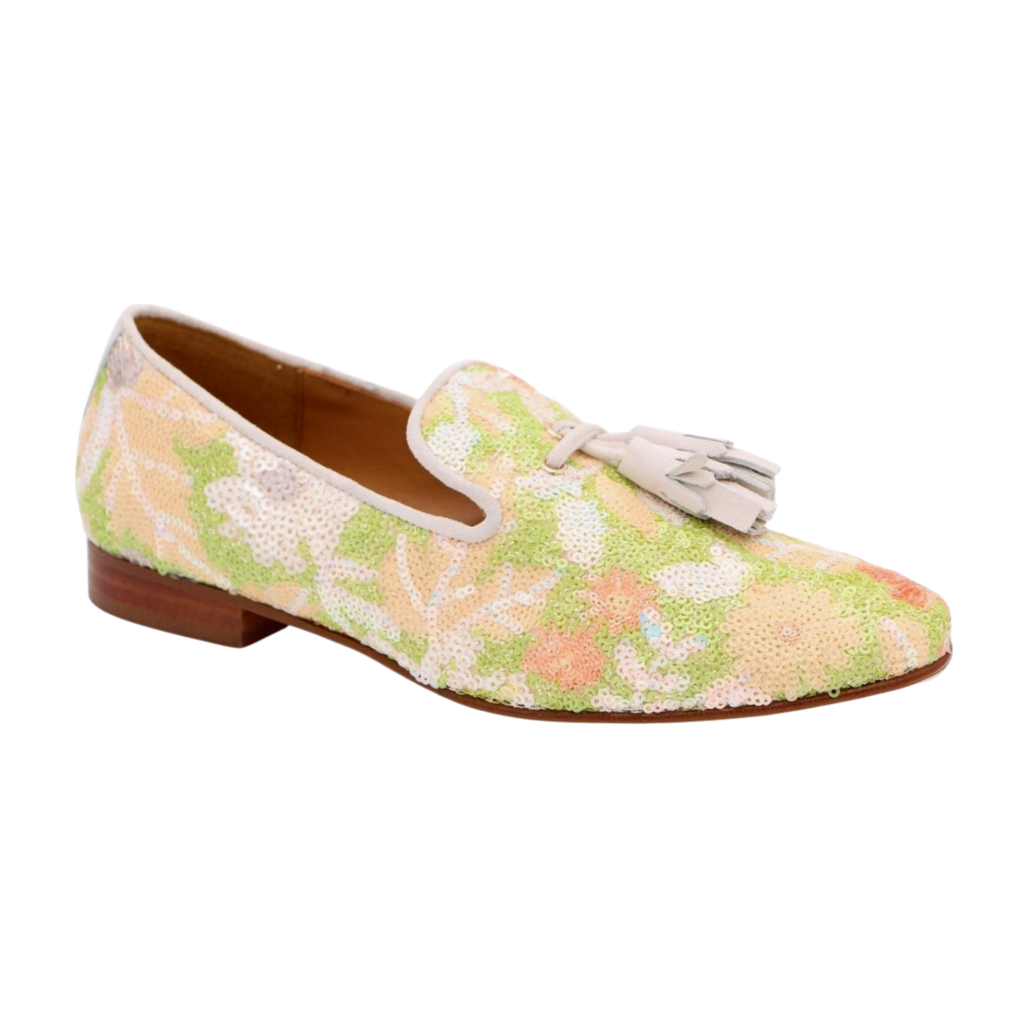 PEDRO MIRALLES Women's Green & Peach Sequins Loafers with Tassels - Stylish Slip-On Shoes for Women | Perfect for Office, Parties & Casual Outings