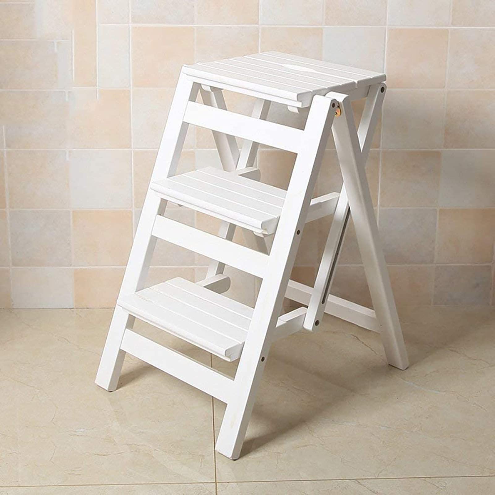 XHALERY 3-Tier Foldable Wooden Step Stool for Home, Portable Indoor Ladder Stool with Non-Slip Steps - White (Perfect for Kitchen, Bathroom & Kids' Room)
