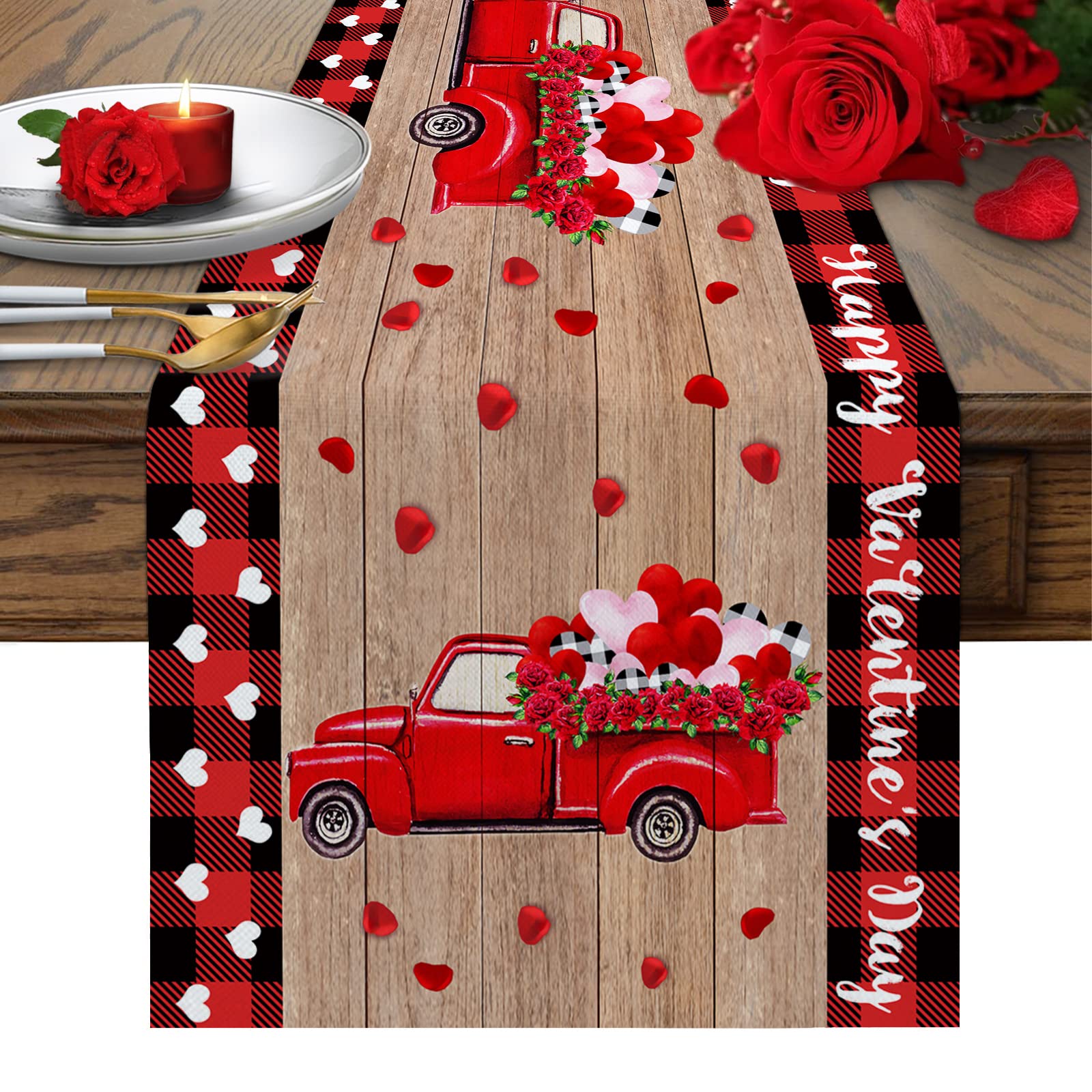 Valentine's Day Red Truck Floral Table Runner - 108 Inch Long Rustic Farmhouse Decor for Kitchen, Dining, Coffee Table, Wedding & Banquet - Perfect for Valentine's Day, Anniversary & Romantic Dinner Decorations
