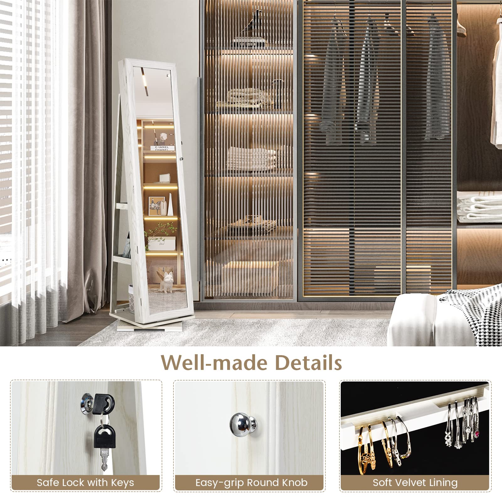 COSTWAY 360° Rotating Jewelry Armoire Cabinet with Full-Length Mirror - Lockable Standing Jewelry Organizer for Women & Girls, Large Storage Space for Necklaces, Rings & Accessories (White) - Perfect for Bedroom, Dressing Room & Closet Organization