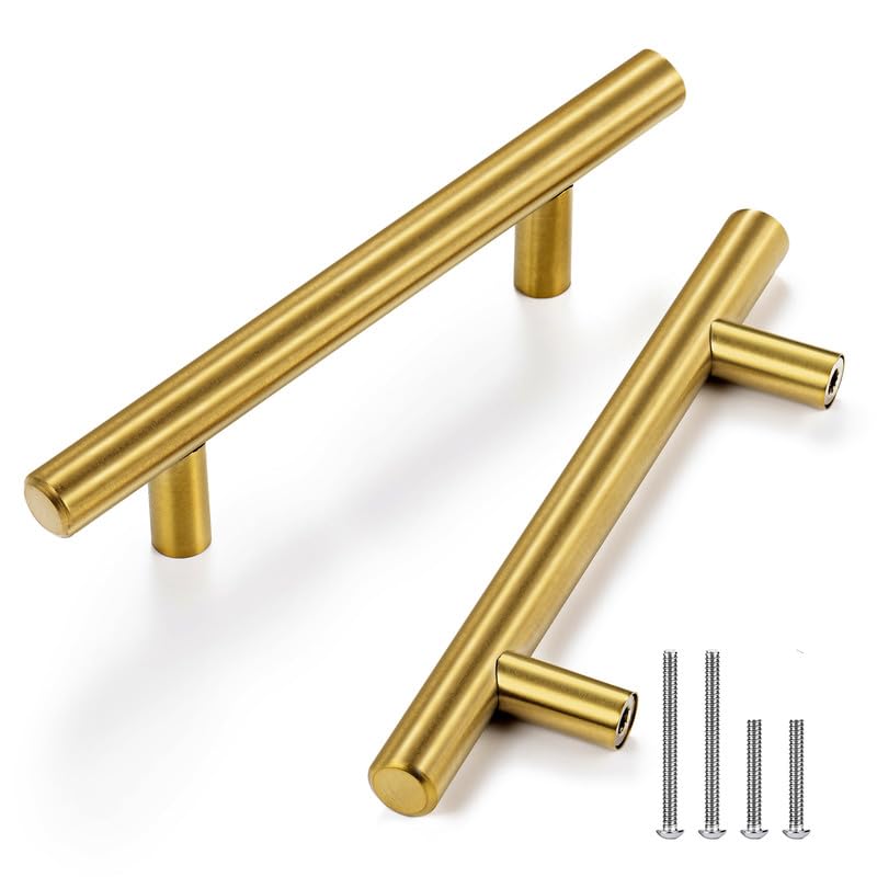 25 Pack 6 Inch Stainless Steel Cabinet Pulls - Brushed Brass Drawer Handles for Kitchen, Dresser & Cupboard - 3.5