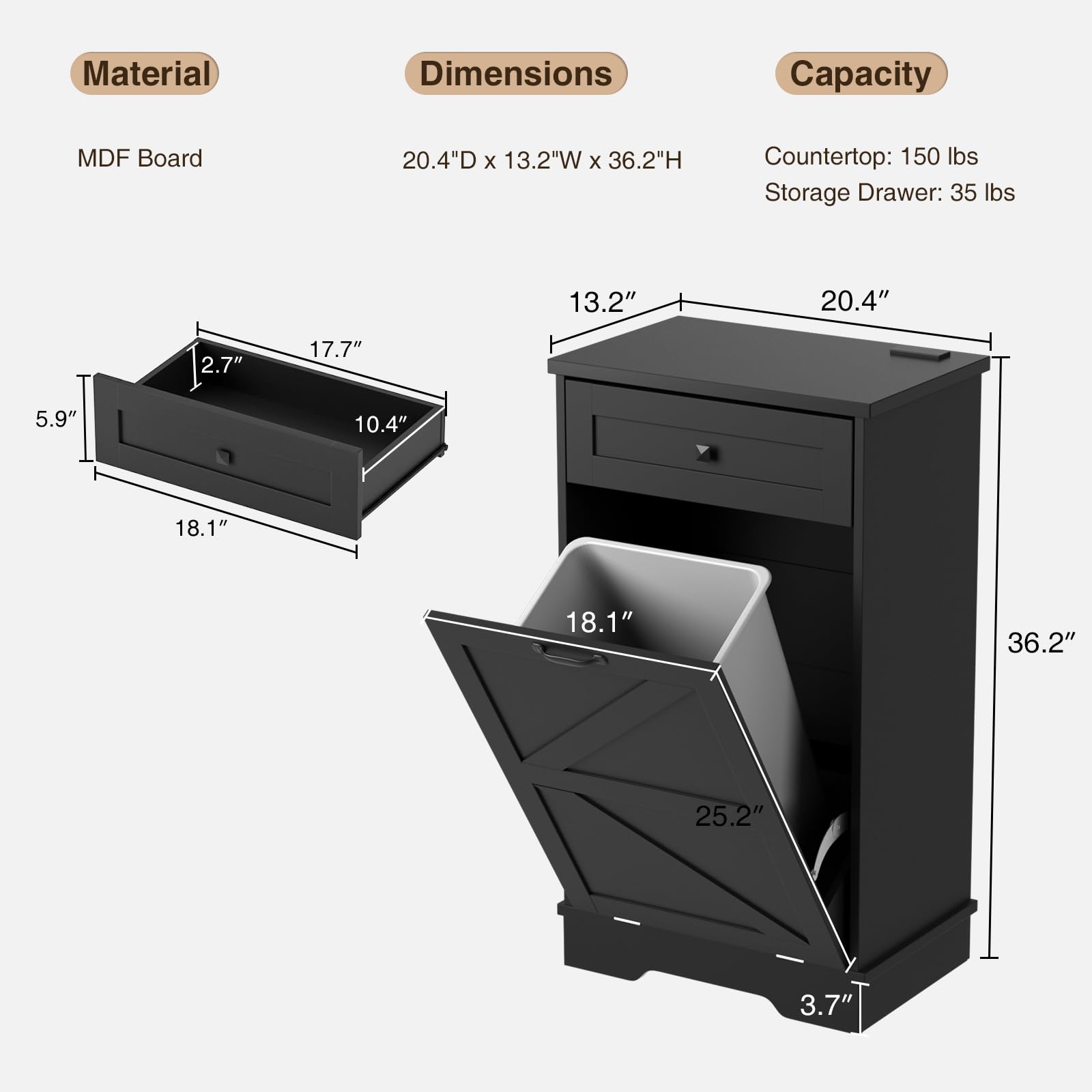 Farmhouse Tilt Out Trash Cabinet with Negative Ion Technology - 10 Gallon Dog Proof Garbage Can Storage for Kitchen, Bathroom & Living Room - Black - Perfect for Small Spaces and Pet-Friendly Homes