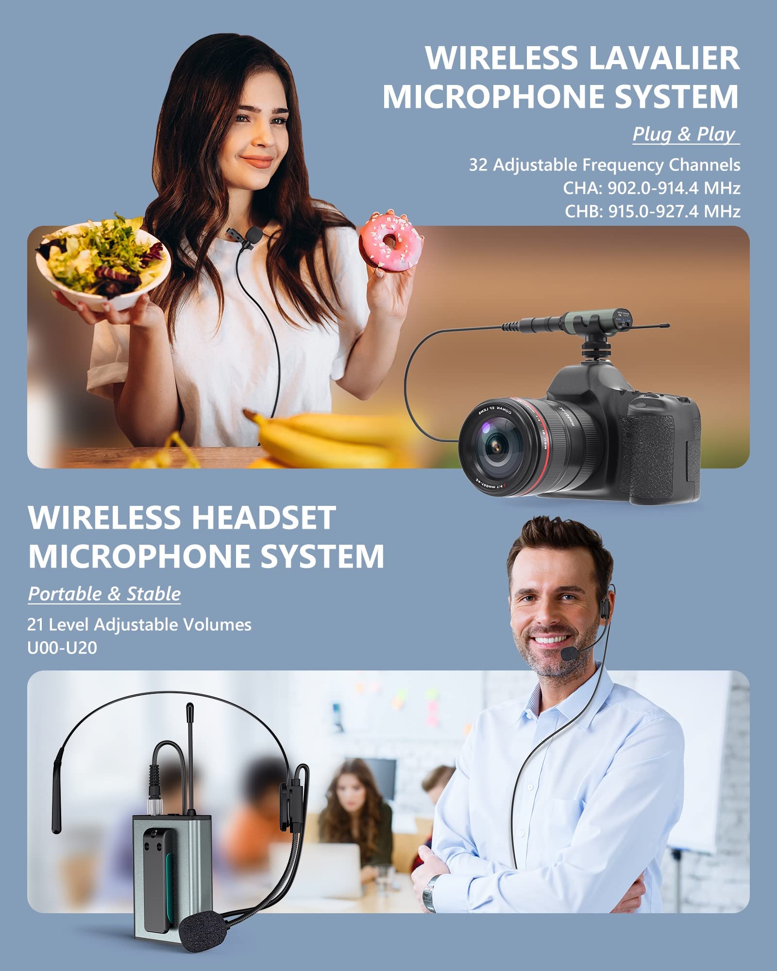 Professional Wireless Microphone System - Dual Transmitter & Receiver with Lavalier/Headset Mic - Rechargeable Bodypack for PA Speakers, Cameras, Video Recording - Perfect for Teaching, Church Services, Interviews, YouTube Videos & Live Streaming