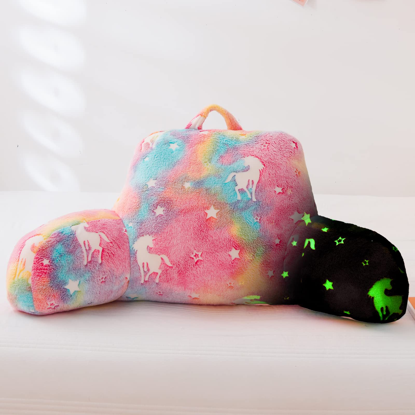 Glow in The Dark Unicorn Print Reading Pillow for Kids - Adjustable Backrest Wedge with Arms for Bed Sitting Support, Rainbow Color - Perfect for Reading, Watching TV, and Relaxing in Bed