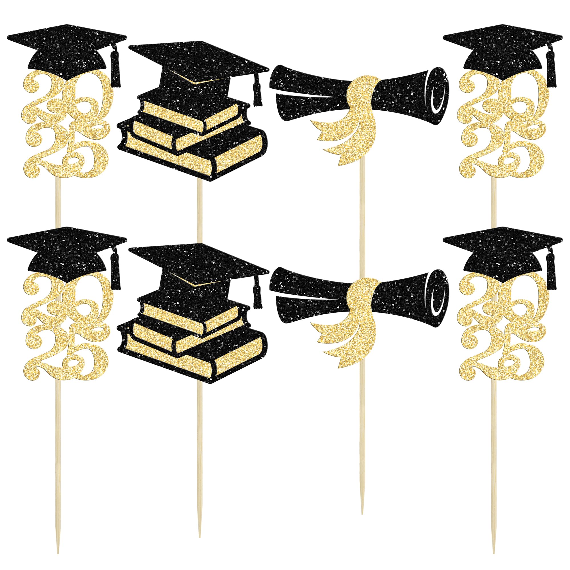Ephlyn 24Pcs 2025 Graduation Cupcake Toppers - Glitter Diploma & Grad Cap Cake Decorations for Class of 2025 Party Supplies (Black & Gold) | Perfect for Graduation Celebrations, School Parties & Dessert Table Decor