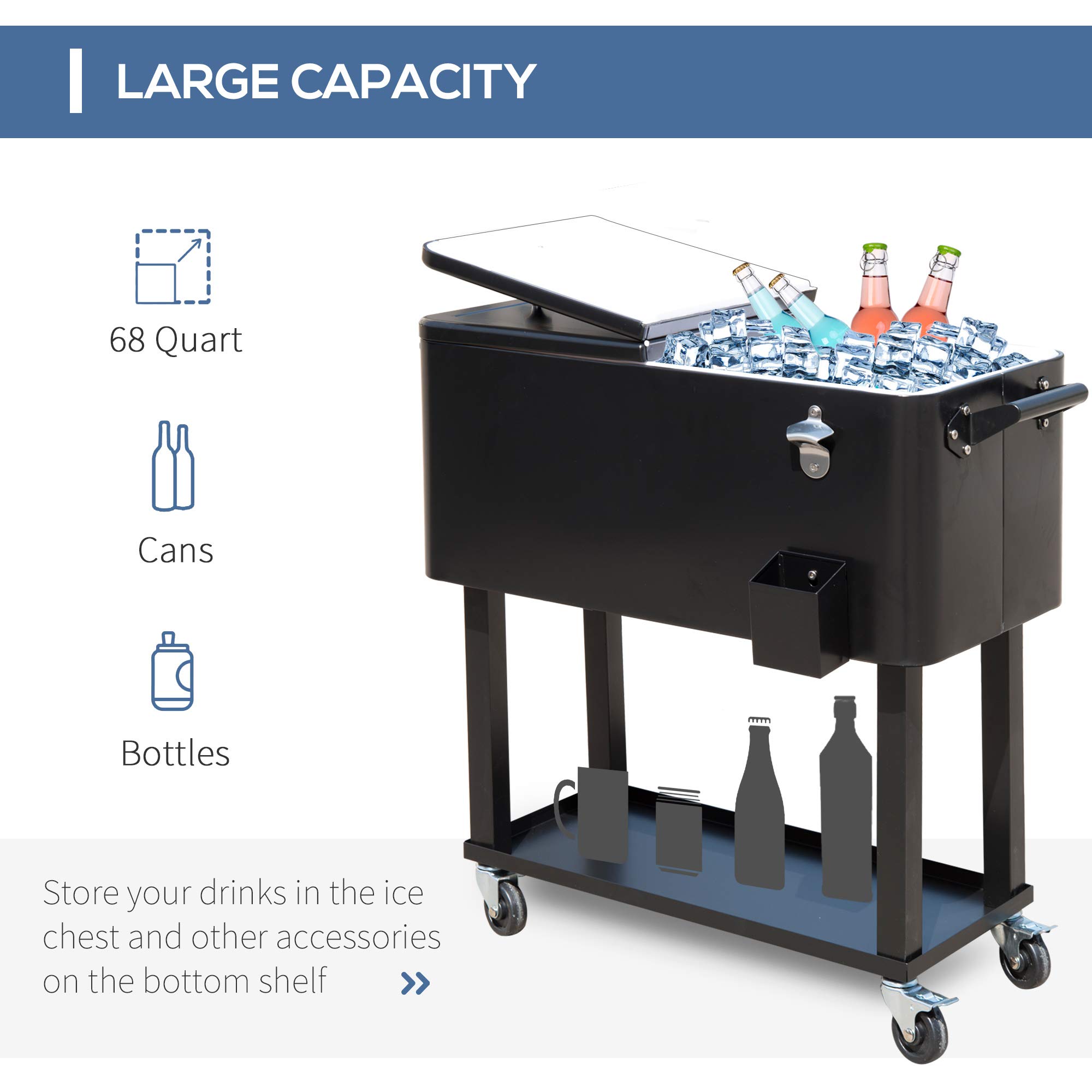 Outsunny 80 QT Rolling Cooler with Wheels - Portable Outdoor Ice Chest for Camping, Beach, BBQ & Tailgate Parties - Insulated Stand-Up Drink Cooler Cart in Black