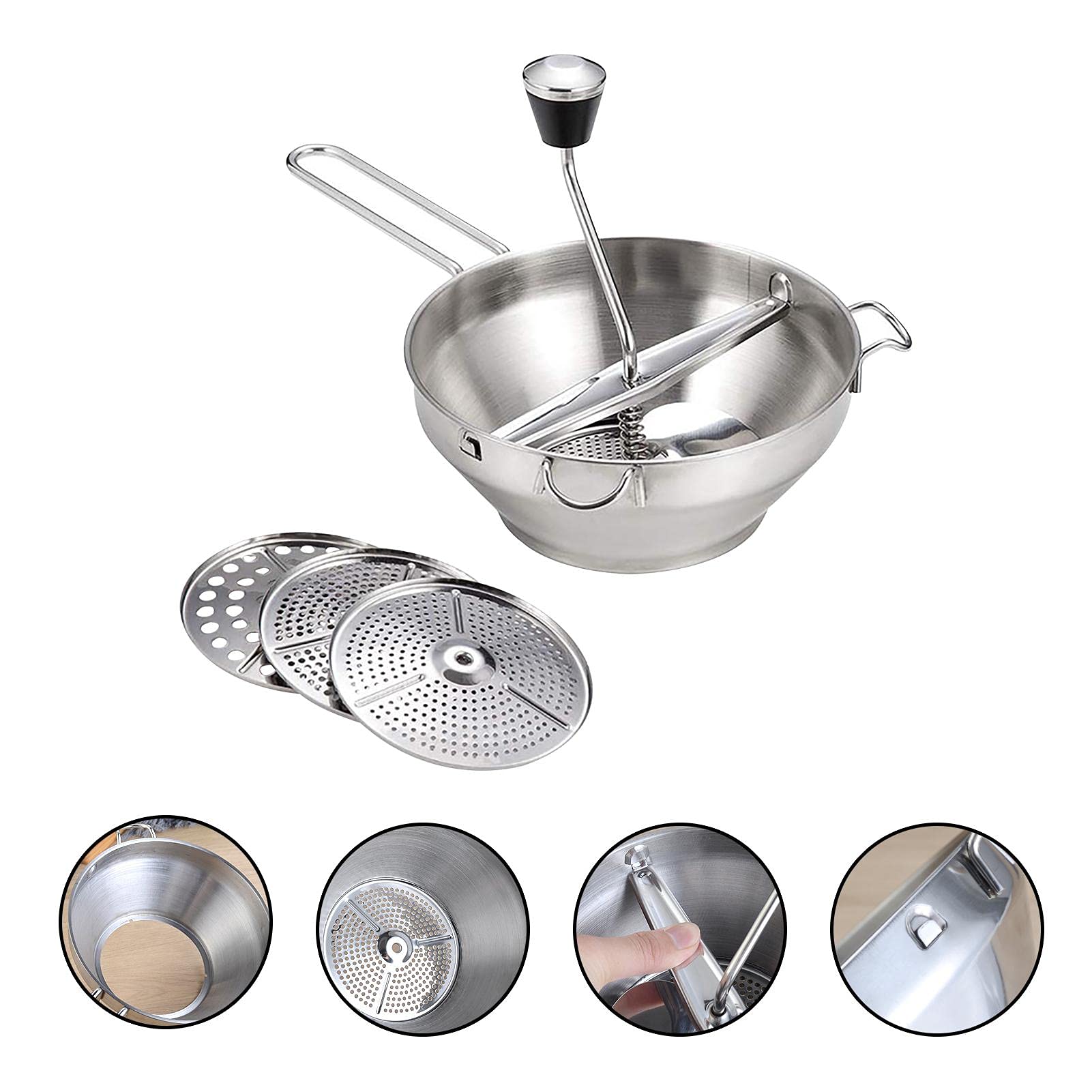 Premium Stainless Steel Food Mill with 3 Interchangeable Discs - Manual Puree Maker for Tomato Sauce, Applesauce, Jam & Baby Food - Durable Rotary Food Grinder for Home Kitchen & Canning