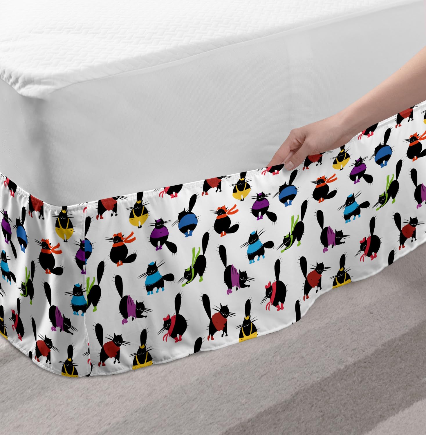 Ambesonne Elastic Cat Bed Skirt - Chunky Winter Animal Silhouette Design with Whiskers, Wrap Around Dust Ruffle for Queen Size Beds | Perfect for Cozy Bedroom Decor & Pet Lover Home Styling
