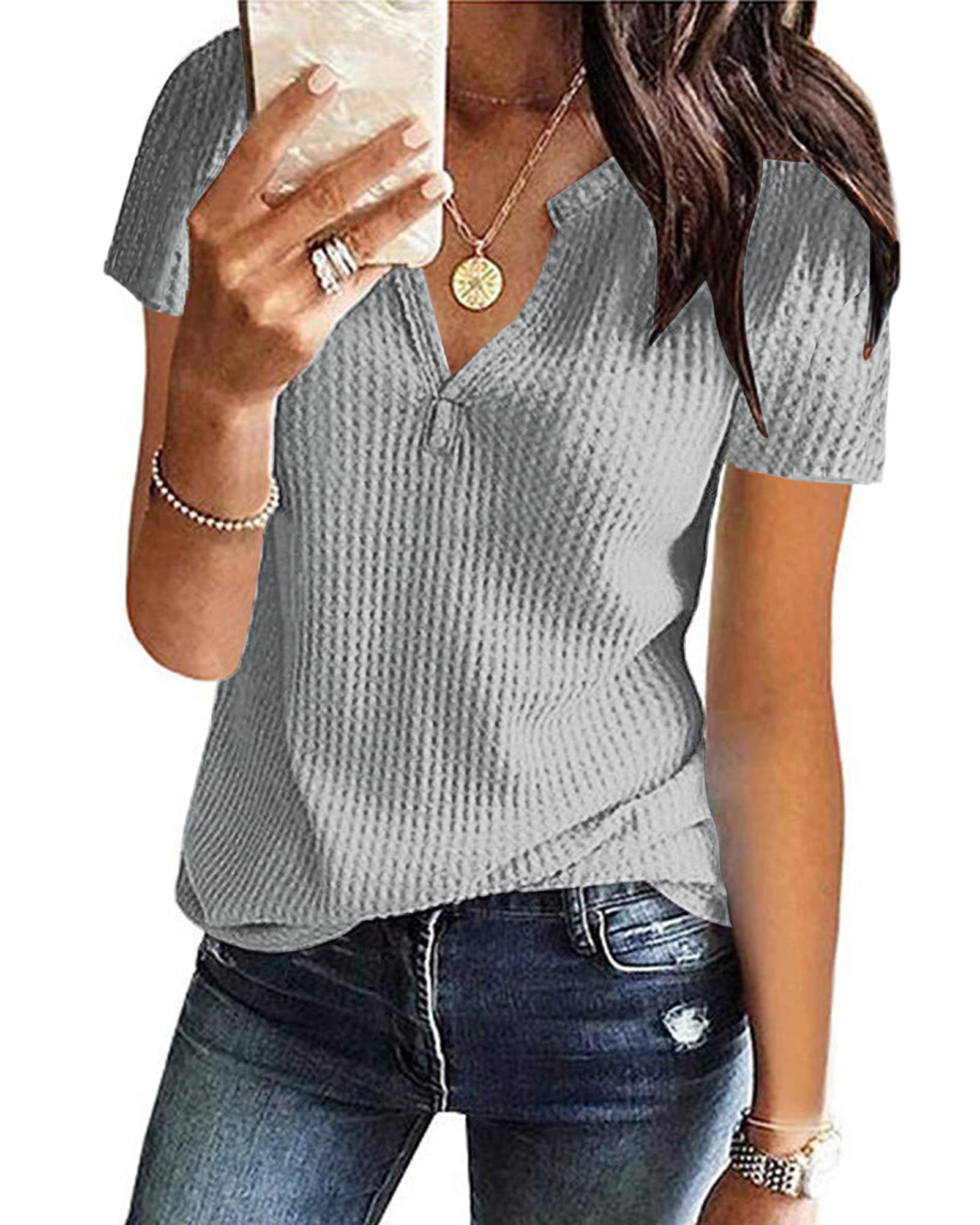 WNEEDU Women's Waffle Knit Tunic T-Shirt - V-Neck Henley Top with Short/Long Sleeve Options | Casual Loungewear, Layering Sweater for Fall & Winter