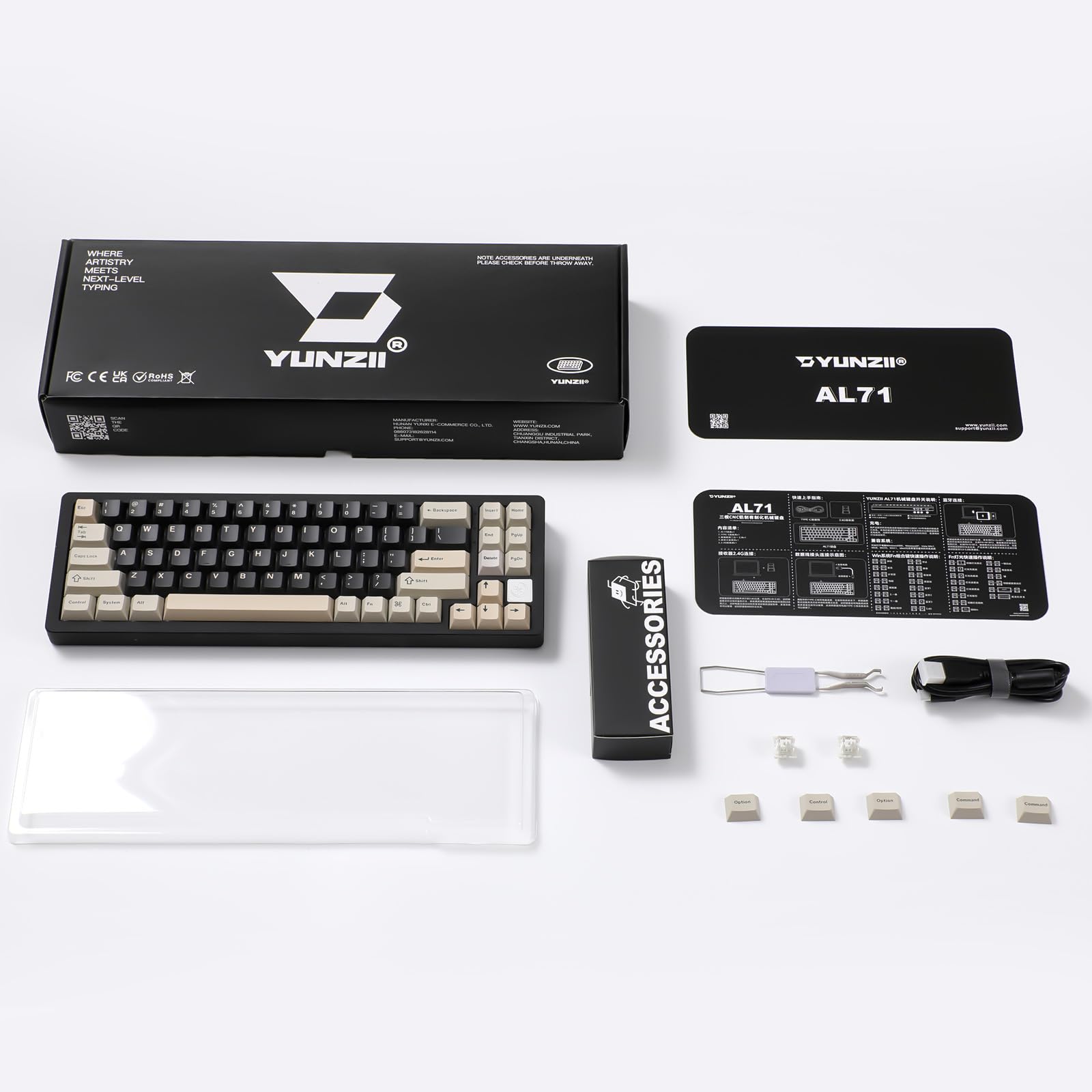 YUNZII AL71 68% Mechanical Keyboard - Full Aluminum CNC Frame, Hot-Swappable Gasket Mount, 2.4GHz Wireless/BT5.0/USB-C Wired, NKRO Programmable RGB Backlit Keyboard with Creamy White Switches for Windows/Mac (Black) - Perfect for Gaming, Office Work & Typing Enthusiasts