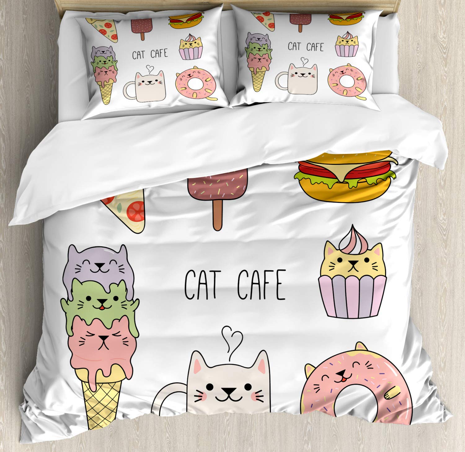 Ambesonne Cartoon Duvet Cover Set - Hand Drawn Cats Cafe Design with Pizza, Ice Cream & Cupcake Food Illustration, 3-Piece Bedding Set with 2 Pillow Shams, California King Size, Multicolor - Perfect for Kids' Rooms, Themed Bedrooms & Whimsical Home Decor