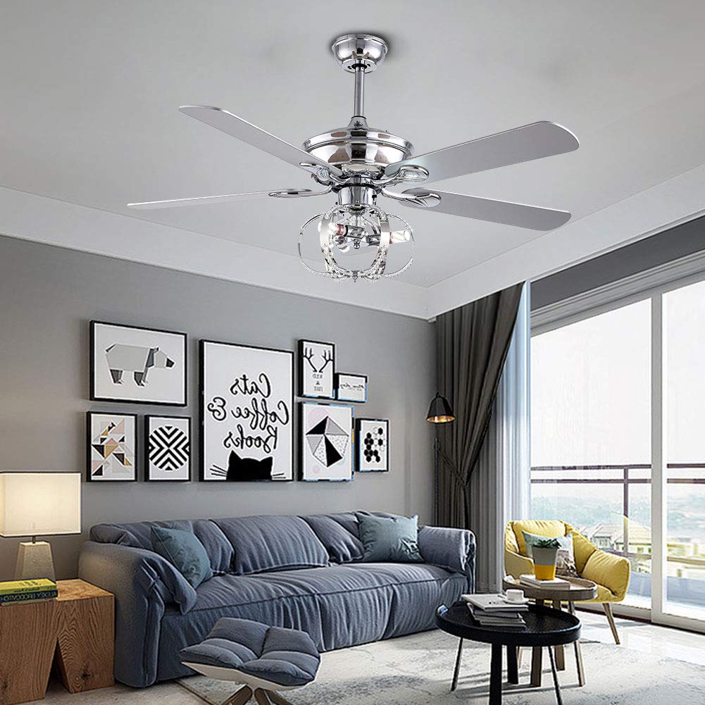 52-Inch Modern Round Crystal Cover Ceiling Fan with Remote Control - 5 Wooden Blades, 3-Speed Adjustable, Reversible Silent Motor for Bedroom & Dining Room - Perfect for Home Cooling and Decoration