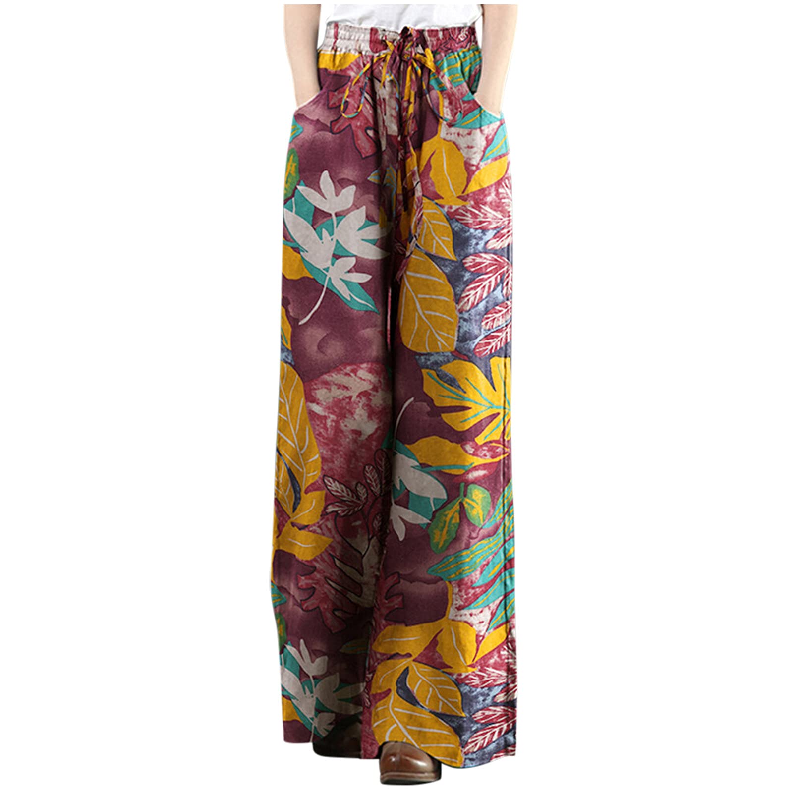 Smileyth Women's Plus Size Wide Leg Palazzo Pants with Leaf Print - Elastic Waist Loose Flowery Trousers for Casual Wear, Office & Summer Outfits