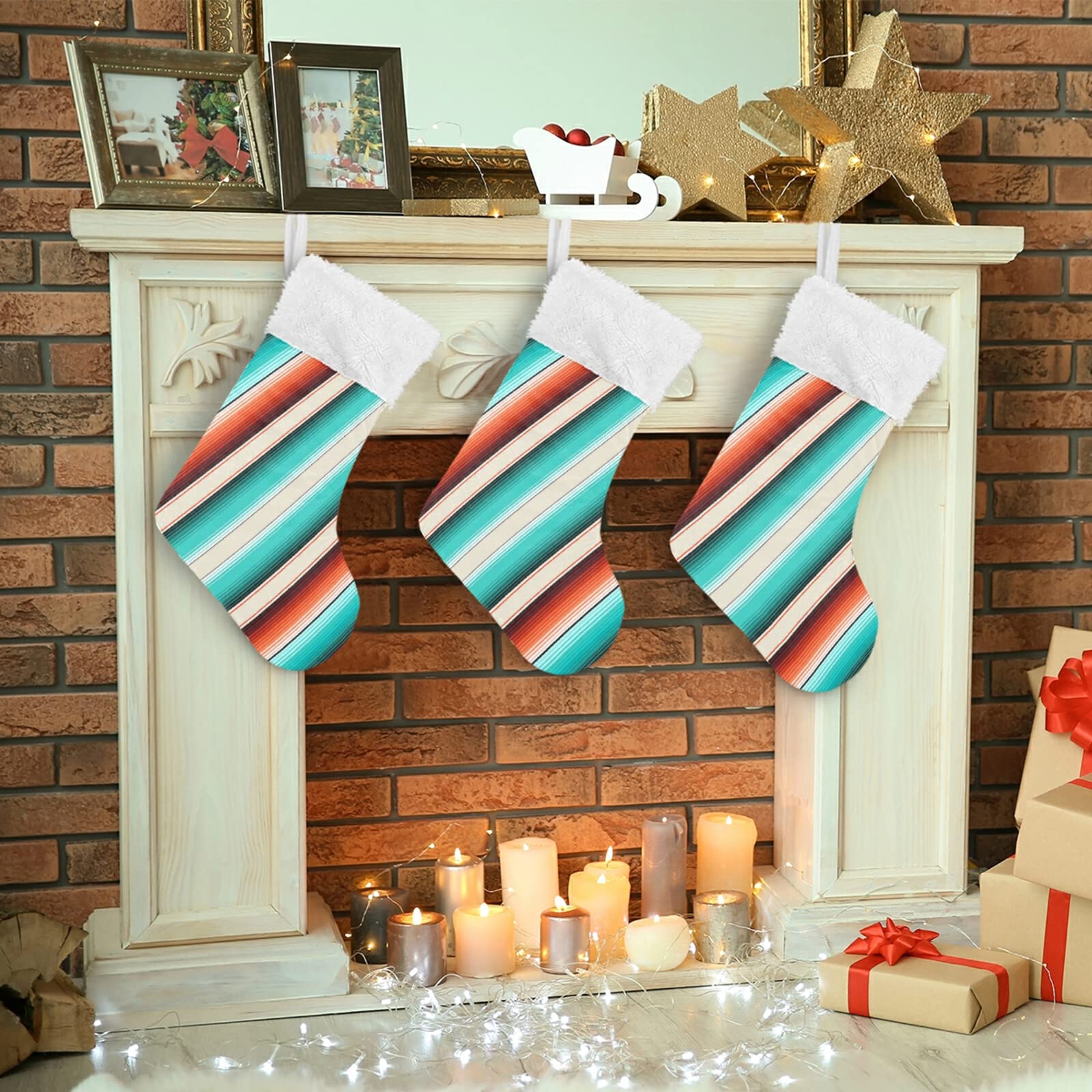 2 Pack Mexican Serape Striped Christmas Stockings - 17.7 Inch Large Fireplace Hanging Decorations for Holiday Gift Exchange & Festive Home Decor