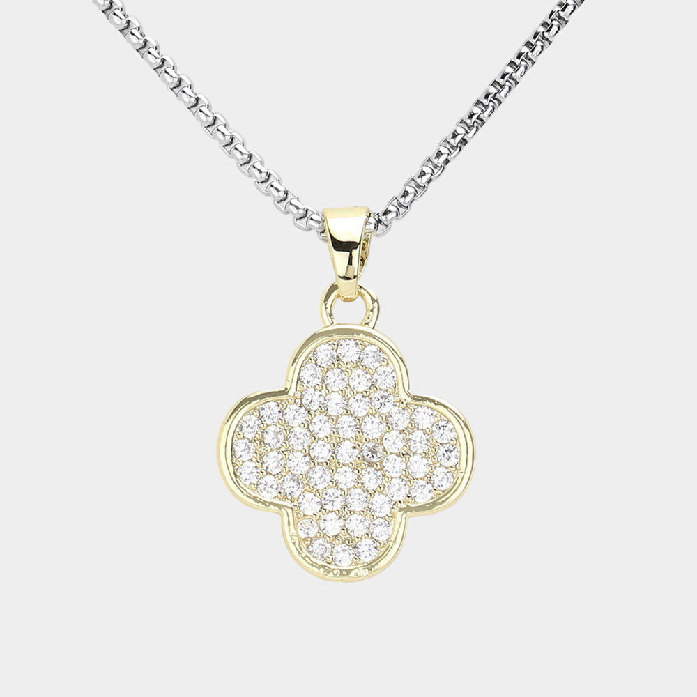 14K Gold Plated CZ Stone Quatrefoil Pendant Necklace for Women - Two Tone Elegant Jewelry Gift for Birthday, Anniversary & Special Occasions