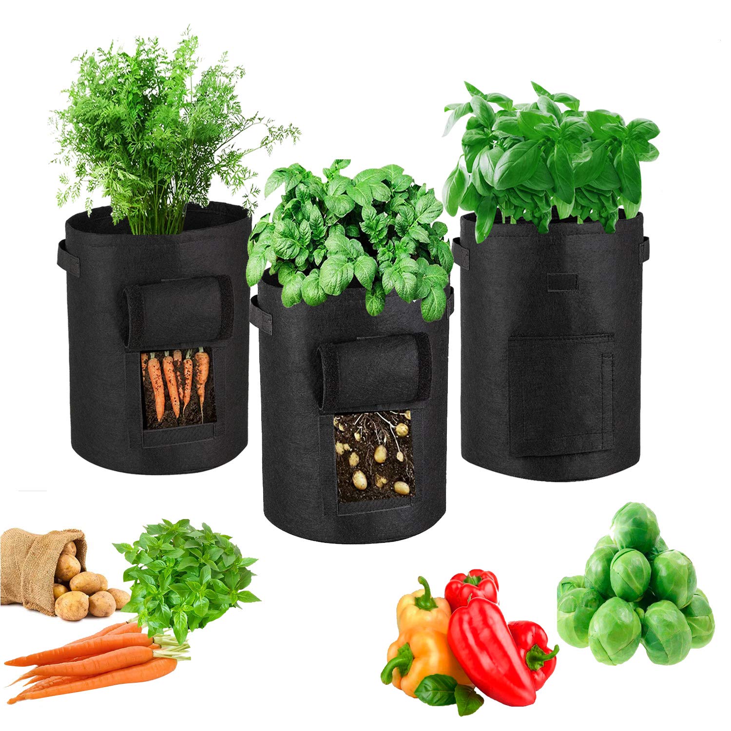 FIVEI 4 Gallon Potato Grow Bags with Flap & Handles - Portable Garden Vegetable Plant Pots for Potatoes, Tomatoes & Herbs + 3 Pack Plant Labels - Ideal for Indoor/Outdoor Gardening, Balcony & Small Space Planting