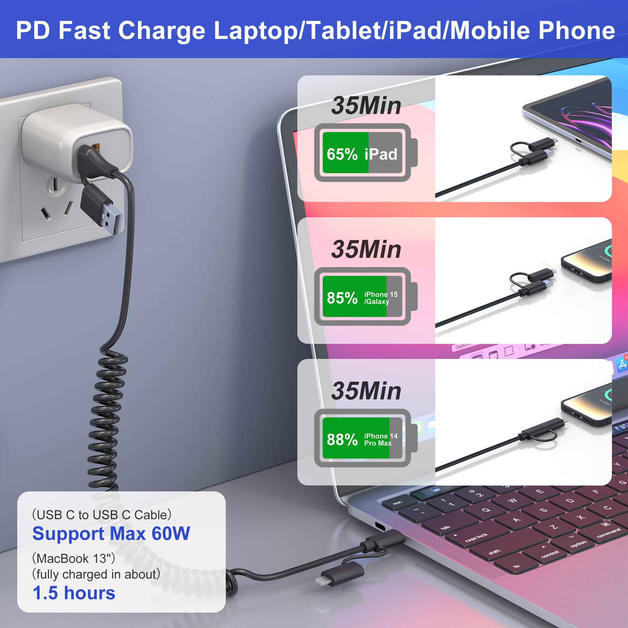 4-in-1 USB C & Lightning Charging Cable 60W PD Fast Charge with MFi Certification - Short Coiled Cable for iPhone 15/14, Android, iPad, Laptop - Supports CarPlay & Android Auto - Perfect for Car, Home & Office Charging