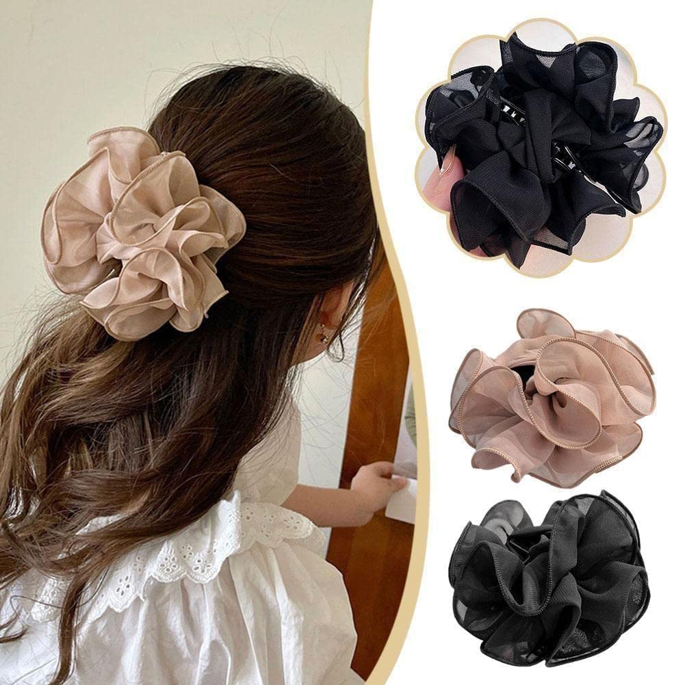 Elegant Black Chiffon Claw Clip Hair Bow with Fabric Ribbon & Silk Flower - Perfect for Parties, Weddings & Everyday Hairstyles