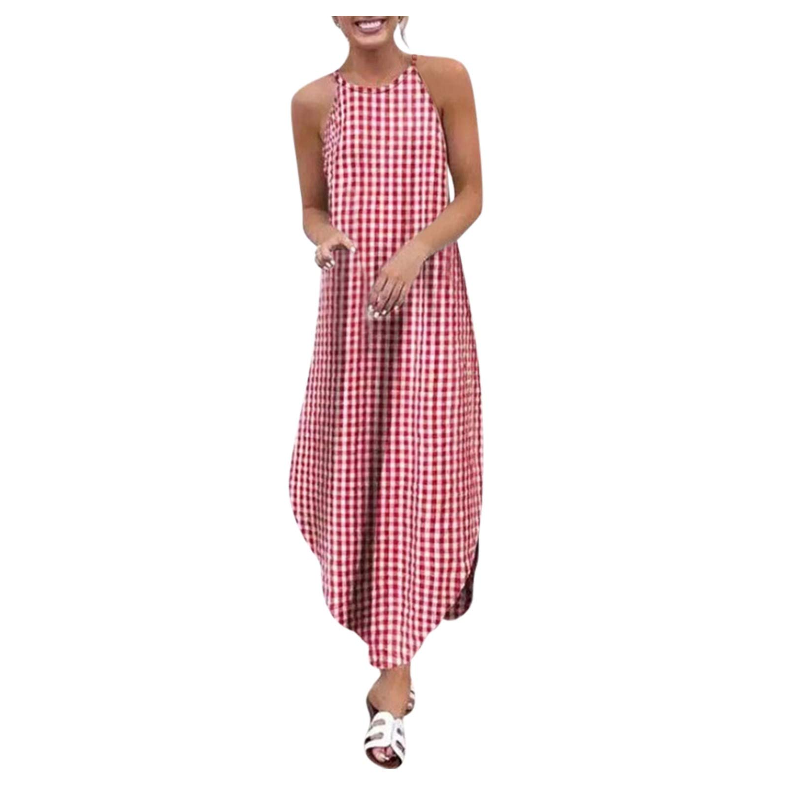 Women's Summer Casual Plaid Print Round Neck Dovetail Sling Dress - Breathable & Stylish for Beach Vacations, Picnics, and Outdoor Parties