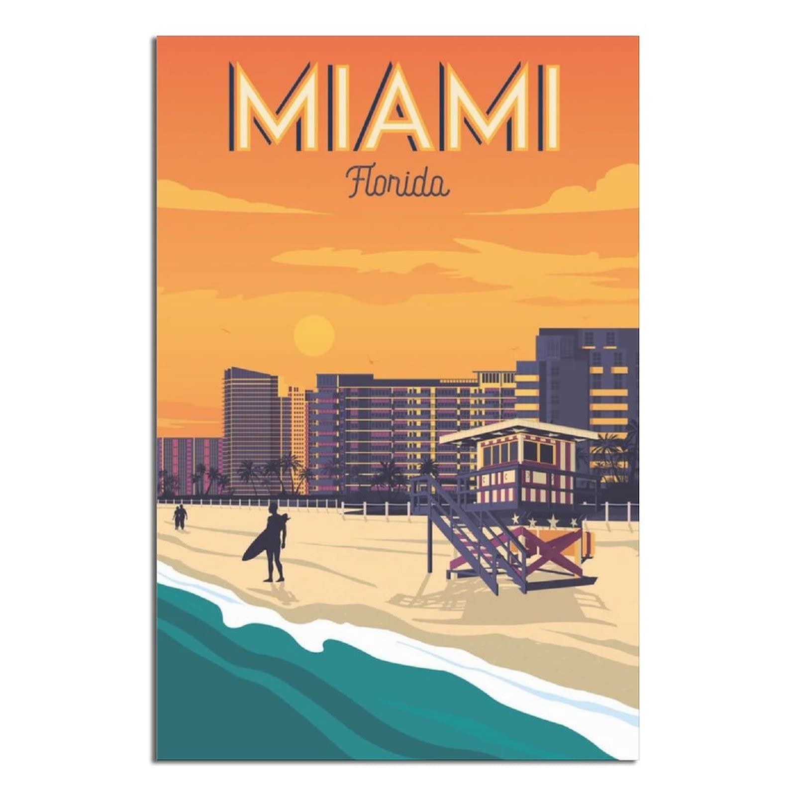 Vintage Miami Florida Beach Surf Sunset Canvas Art - Modern Wall Decor for Living Room, Bedroom & Office - Travel Poster Painting - Perfect Birthday Gift for Beach Lovers & Home Decor Enthusiasts | Coastal Theme, Tropical Vibes, Relaxing Ambiance