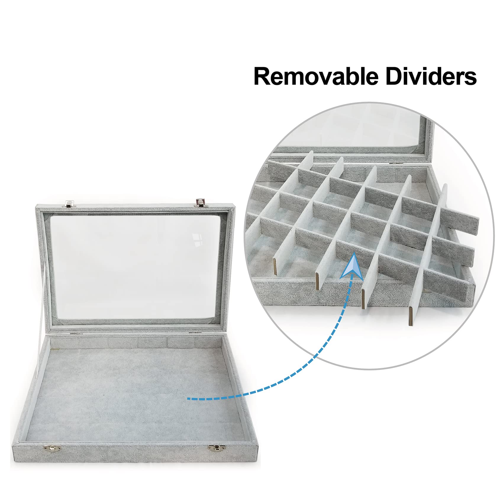 24 Grids Removable Jewelry Organizer Box with Ice Velvet & Clear Lid - Display Case for Earrings, Rings, Bracelets (Grey) | Perfect for Travel, Vanity & Gift Storage