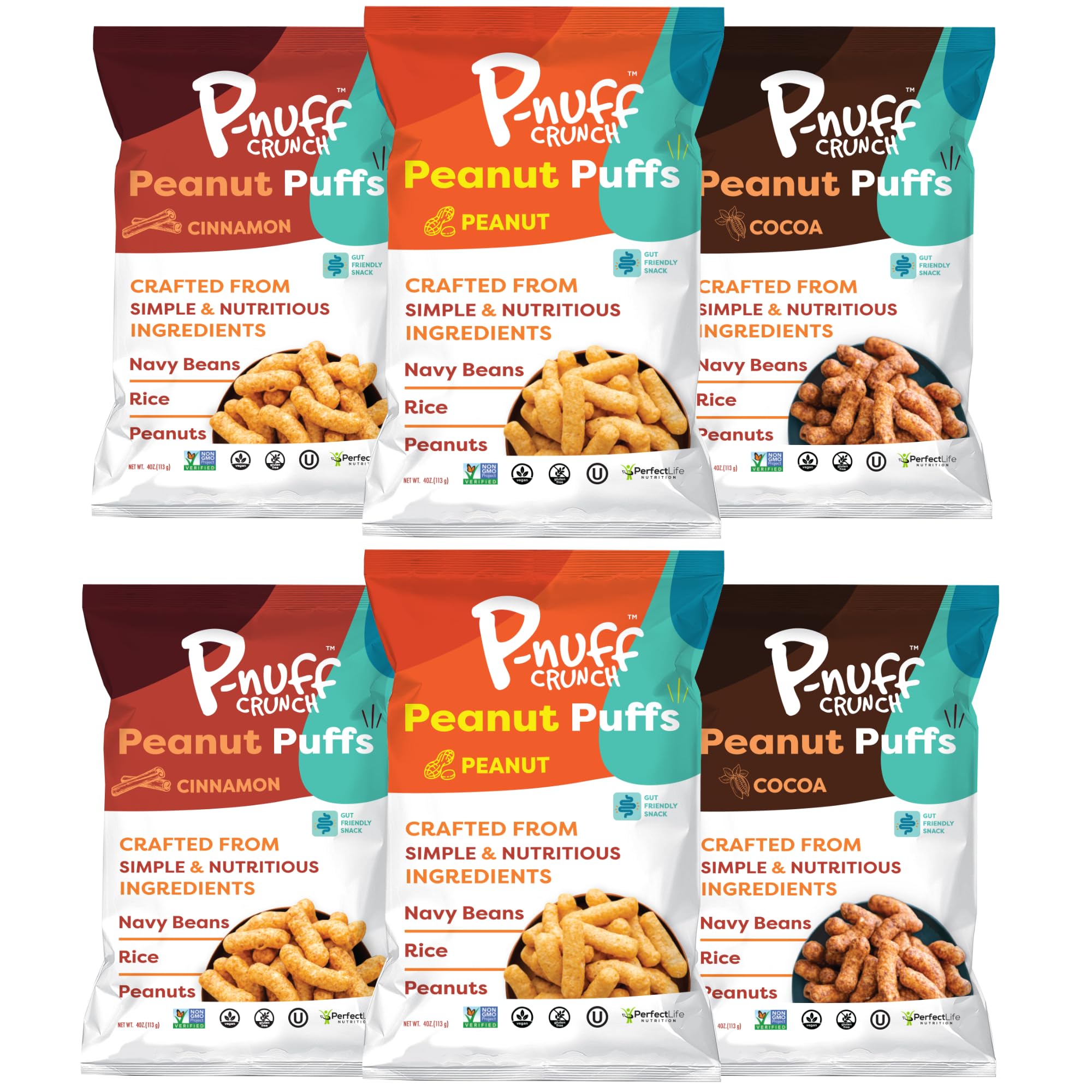 Pnuff Crunch Peanut Butter Puffs - Healthy Low Calorie Gluten Free Vegan High Protein Keto Snacks - Variety Pack 4 Oz (6 Pack) - Perfect for Office, School & On-the-Go Snacking