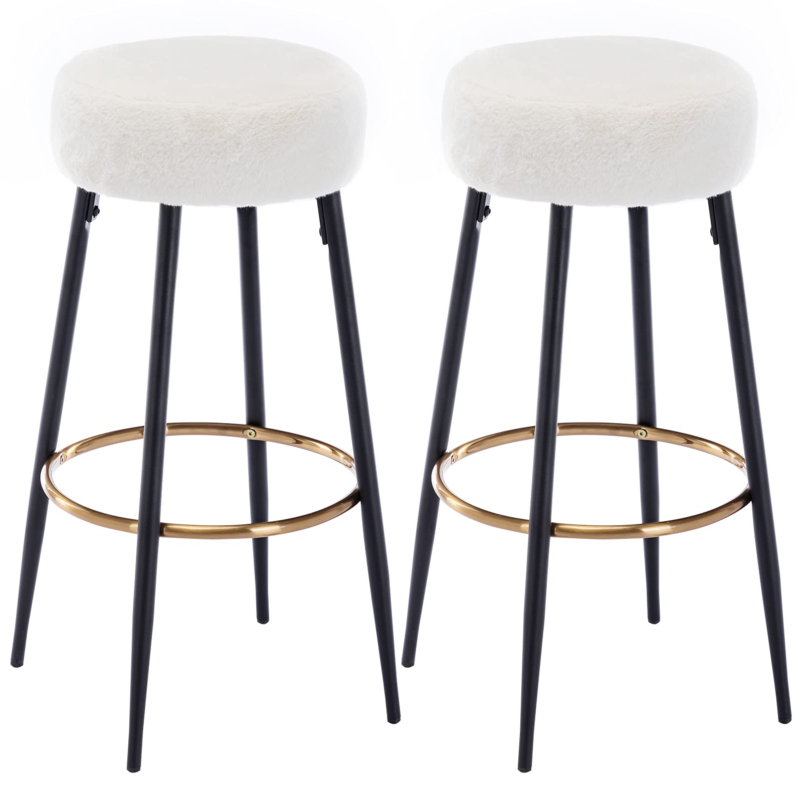 DUHOME Round Faux Fur Bar Stools Set of 2 - 30 Inch Height Upholstered Dining Chairs with Golden Footrest for Kitchen Island, Coffee Shop, Home Bar & Balcony - White Faux Fur Stools for Modern & Cozy Decor