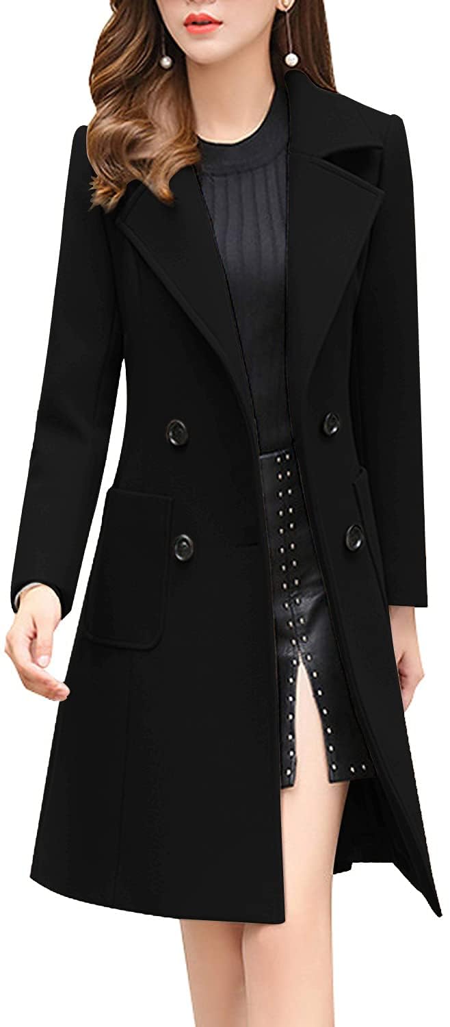 Stylish Women's Notched Collar Double Breasted Wool Blend Winter Coat - Warm Trench Coat for Office, Dating & Formal Events | Business Professional Attire, Evening Occasions & Cold Weather Fashion | Perfect for Work Commute, Holiday Parties & Winter Layering | Ideal for Business Meetings, Christmas Gatherings & Daily Winter Wear