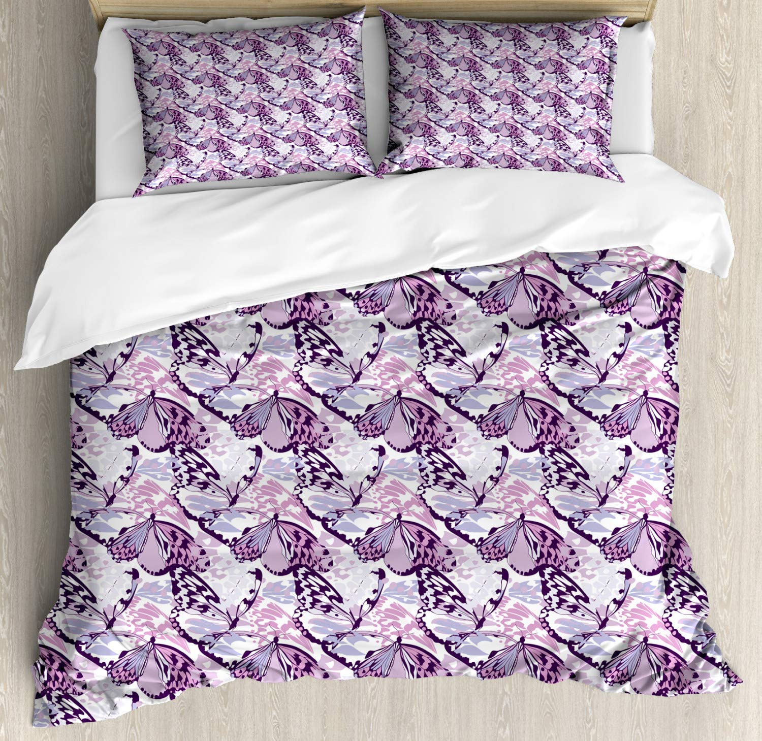 Ambesonne Butterfly Duvet Cover Set Queen Size - 2 Pack Purple Grunge Camo Style Bedding with 2 Duvet Covers & 4 Pillowcases - Lavender Lilac Violet Wings Design for Bohemian & Teen Bedroom Decor