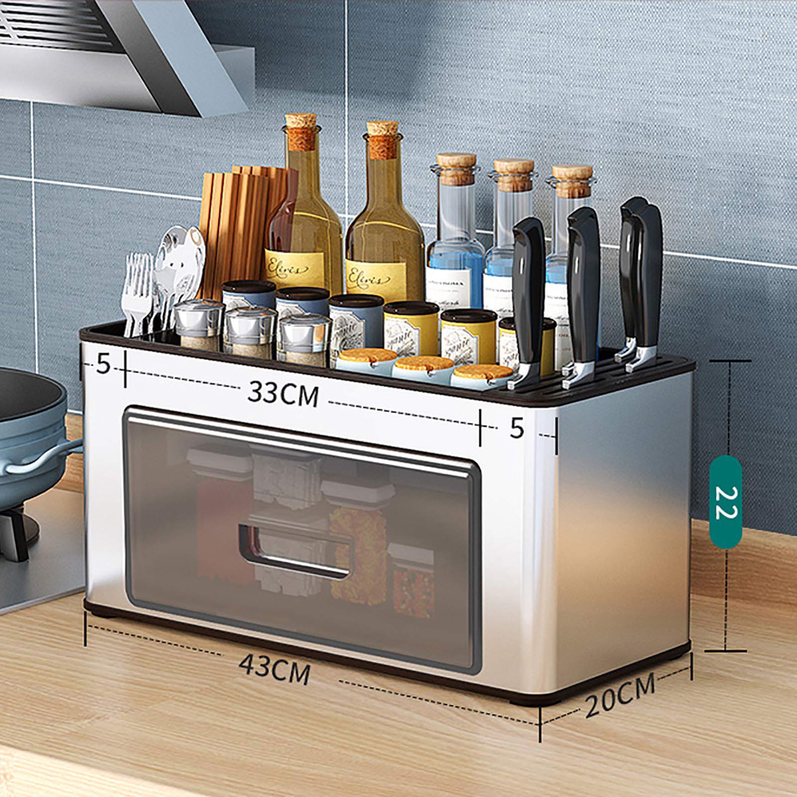 Nileco Detachable & Washable Stainless Steel Countertop Spice Rack Organizer - Multifunctional Seasoning Jars Storage with Knife Holder & Utensil Rack - 43cm - Perfect for Kitchen Countertop Organization & Spice Display