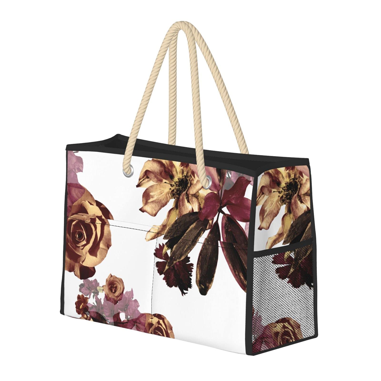 Vintage Rose Floral Beach Tote Bag for Women - Large Capacity Waterproof Travel Shoulder Bag with Zipper & Pockets | Perfect for Beach Vacations, Pool Parties & Summer Outings