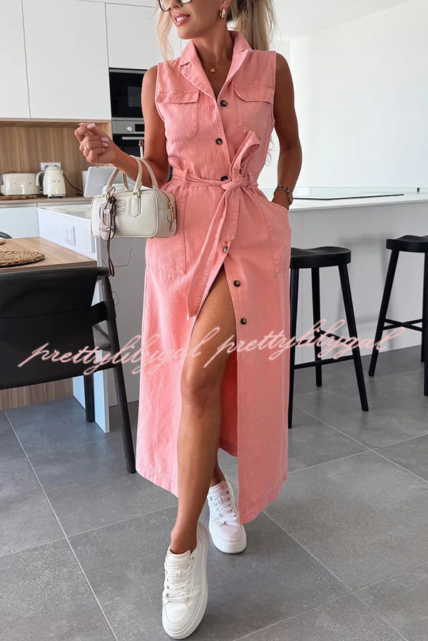 Solid Color Sleeveless Denim Midi Dress with Waist Tie & Pockets - Casual Summer Dress for Women, Perfect for Beach Outings, Picnics, and Weekend Brunch