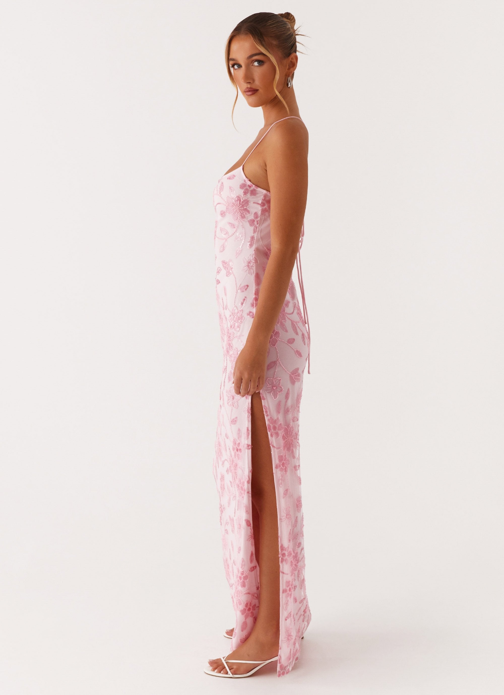 Bright Pink Beaded Maxi Dress for Women - Elegant Long Party Gown with Sparkling Details | Perfect for Evening Events, Weddings & Special Occasions