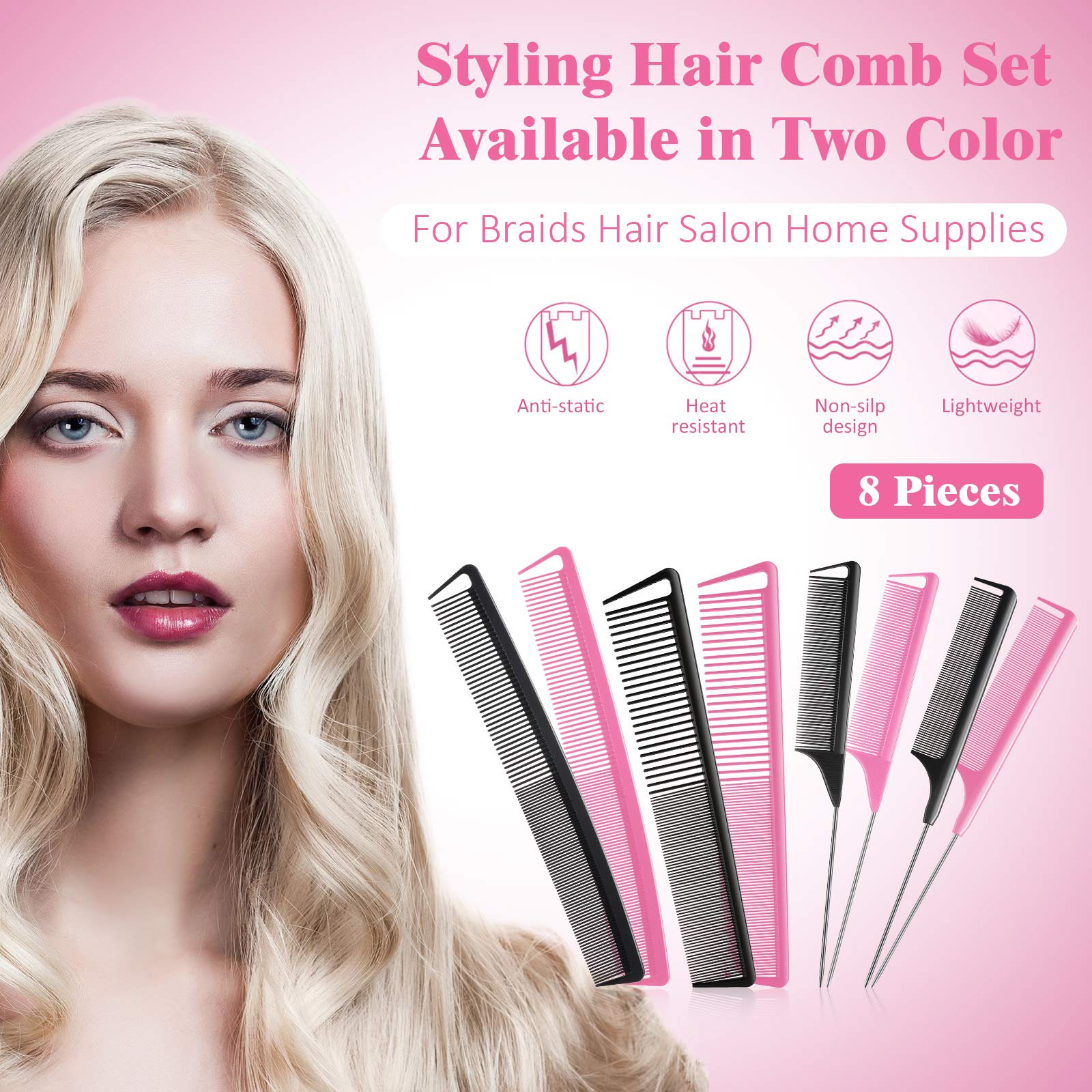 8-Piece Fine Tooth Rat Tail Combs for Women – Carbon Fiber Teasing & Styling Comb Set for Parting, Braiding, Cutting – Salon & Home Hairdressing Supplies (Black & Pink) – Perfect for Salon Stylists, DIY Haircuts & At-Home Hairstyling
