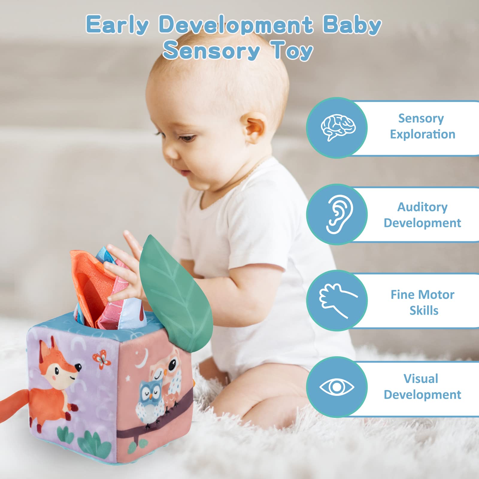 Montessori Baby Tissue Box Toy - Sensory Learning Toy for Infants 6-12 Months | Early Development Toy for 1 Year Old Boys & Girls | Perfect for Playtime, Teething & Fine Motor Skills Practice