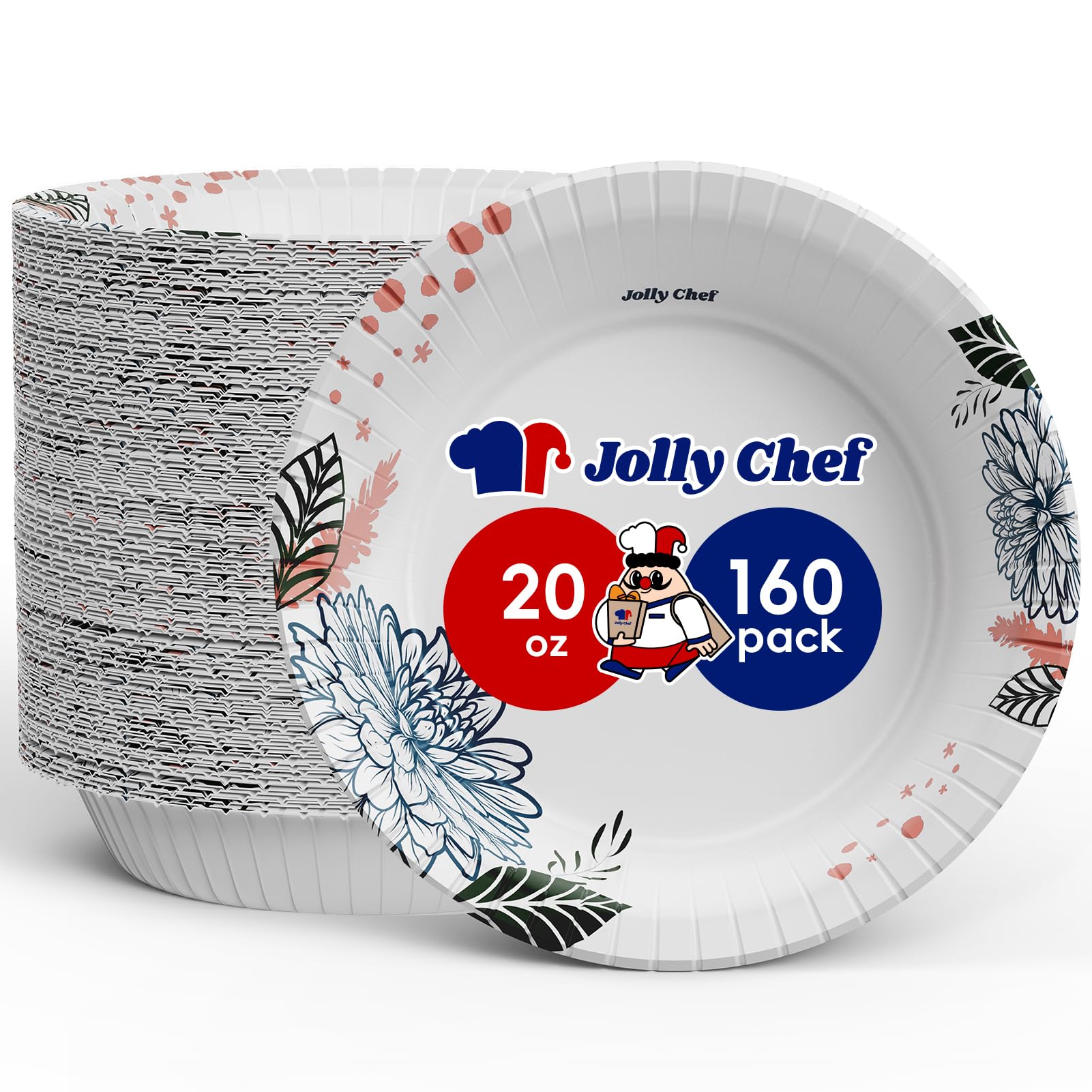 JOLLY CHEF 160 Count 20 oz Disposable Paper Bowls - Heavy Duty, Leak Proof & Microwave Safe - Floral Design for Parties, Picnics, Catering & Everyday Meals