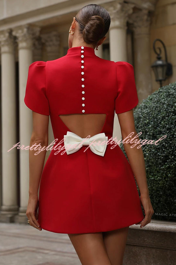 Sweet Moment Slit Short Sleeve Backless Removable Satin Bow Mini Dress - Sexy Party Club Dress for Women, Perfect for Night Out, Date Night & Special Occasions