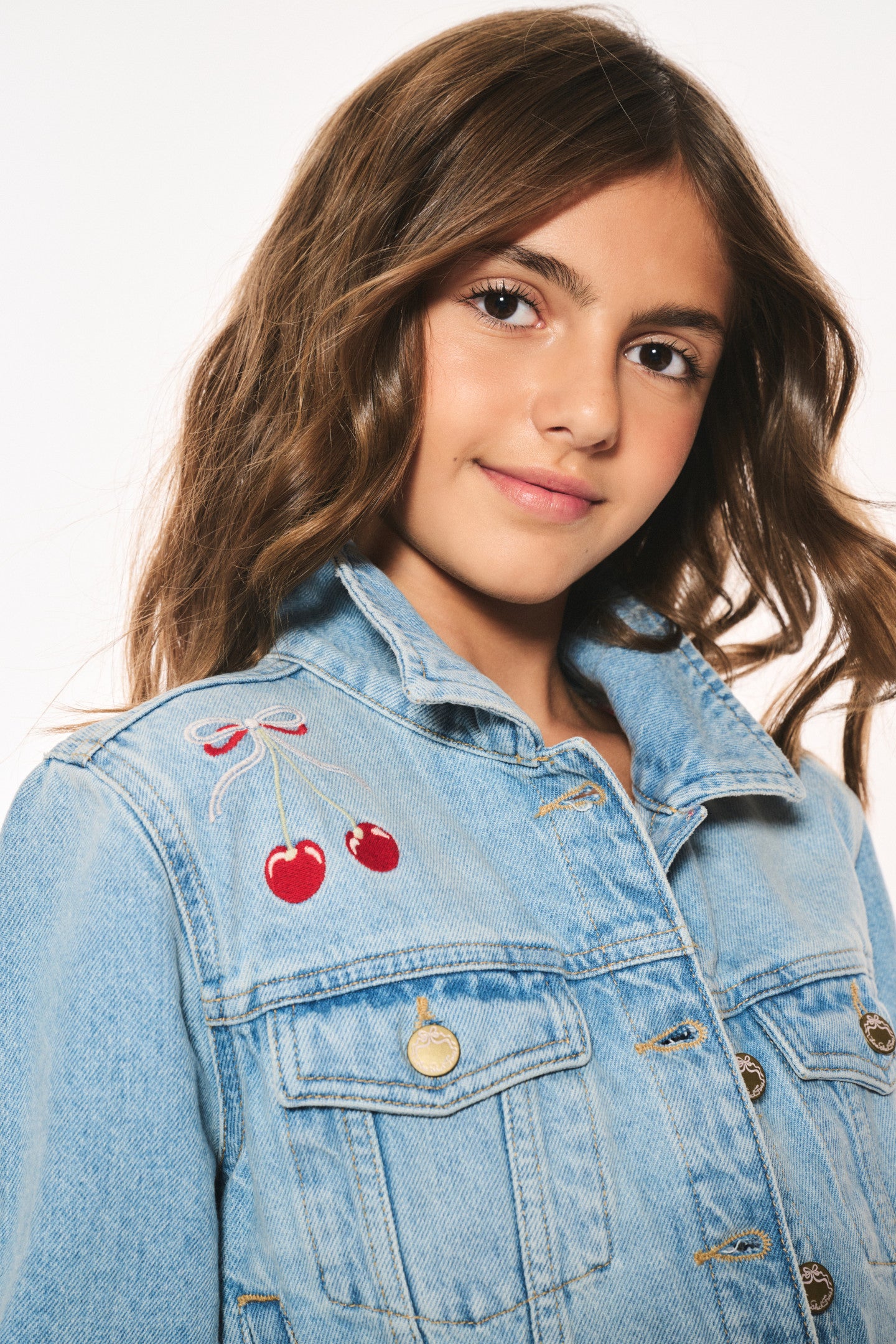 Lavina Cherry Denim Jacket for Girls - Stylish Distressed Denim Jacket with Embroidered Cherry Design - Perfect for Casual Outfits, School, and Spring Fashion