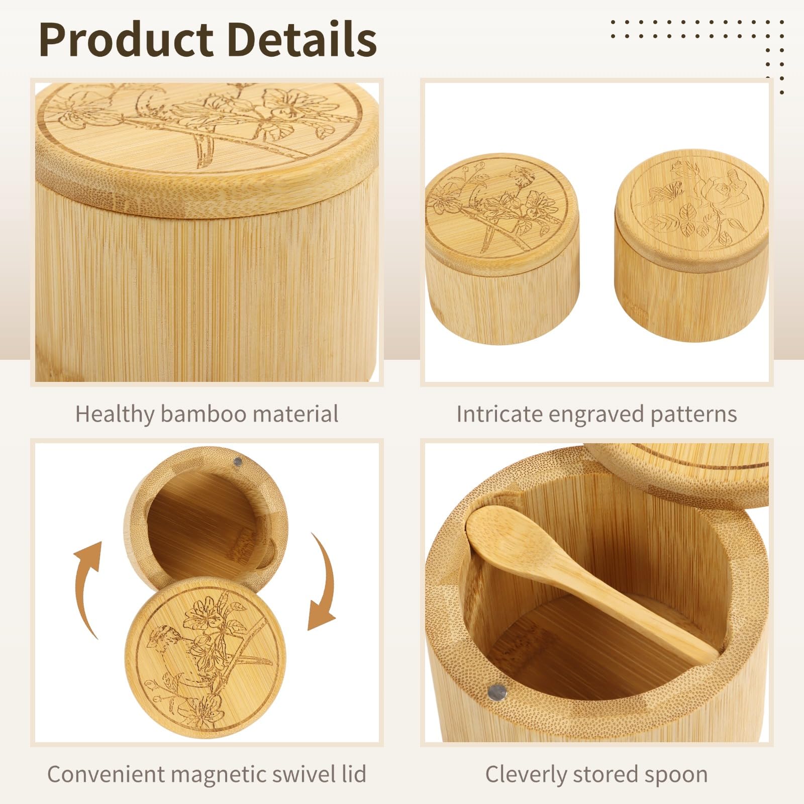Homaisson 2-Piece Bamboo Salt and Pepper Bowls Set with Swivel Lids & Spoons - 6oz Round Seasoning Storage Containers for Salt, Pepper, Sugar & Spices - Perfect for Kitchen, Dining Table & Cooking