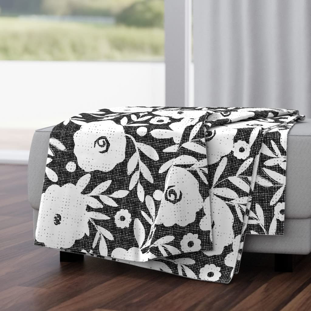 Soft Plush Minky Throw Blanket 50x70 Inches - Black White Floral Spring Midcentury Modern Charcoal Artistic Print | Cozy Home Decor, Sofa Blanket, Gift for Women