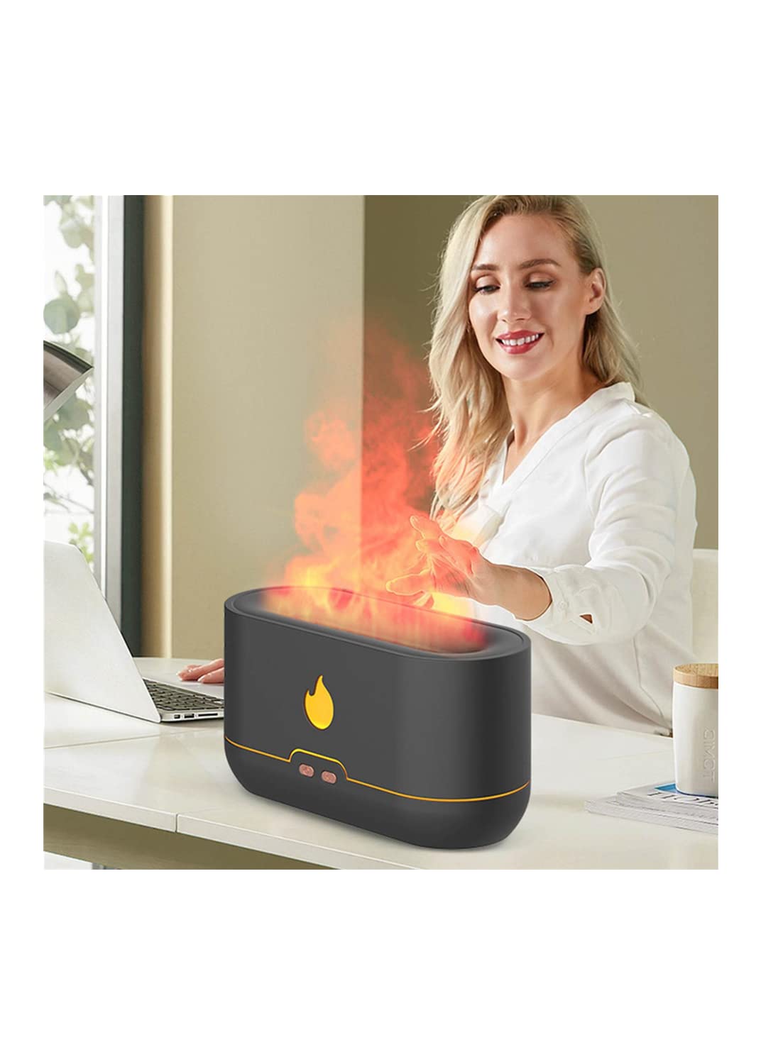 Caeily 3-in-1 Flame Aroma Diffuser - Humidifier, Night Light & Essential Oil Diffuser for Home & Office - 4 Color Changing LED Modes - Perfect for Relaxation, Yoga & Bedroom Aromatherapy (Army Green)