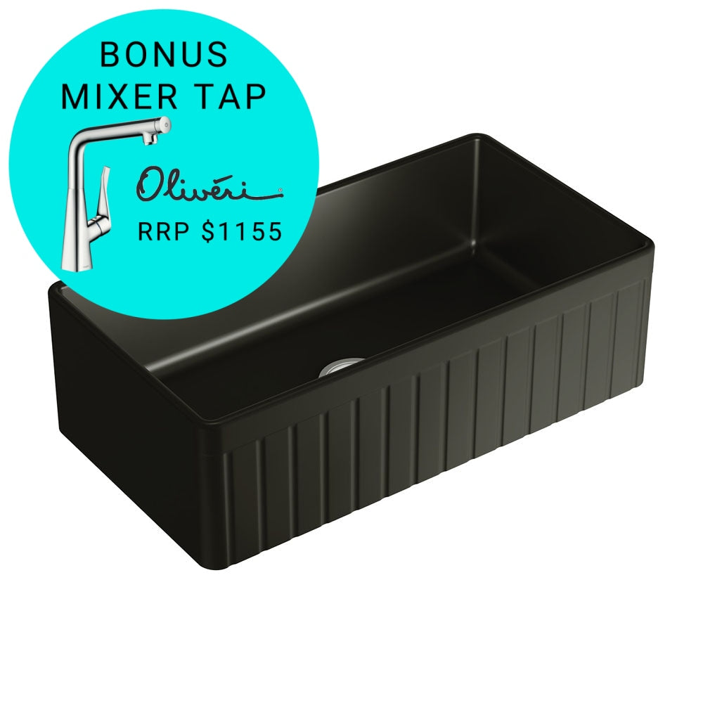 Fienza 68708 Benson Large Single Butler Sink in Matte Black - Premium Farmhouse Kitchen Sink for Modern & Rustic Home Decor