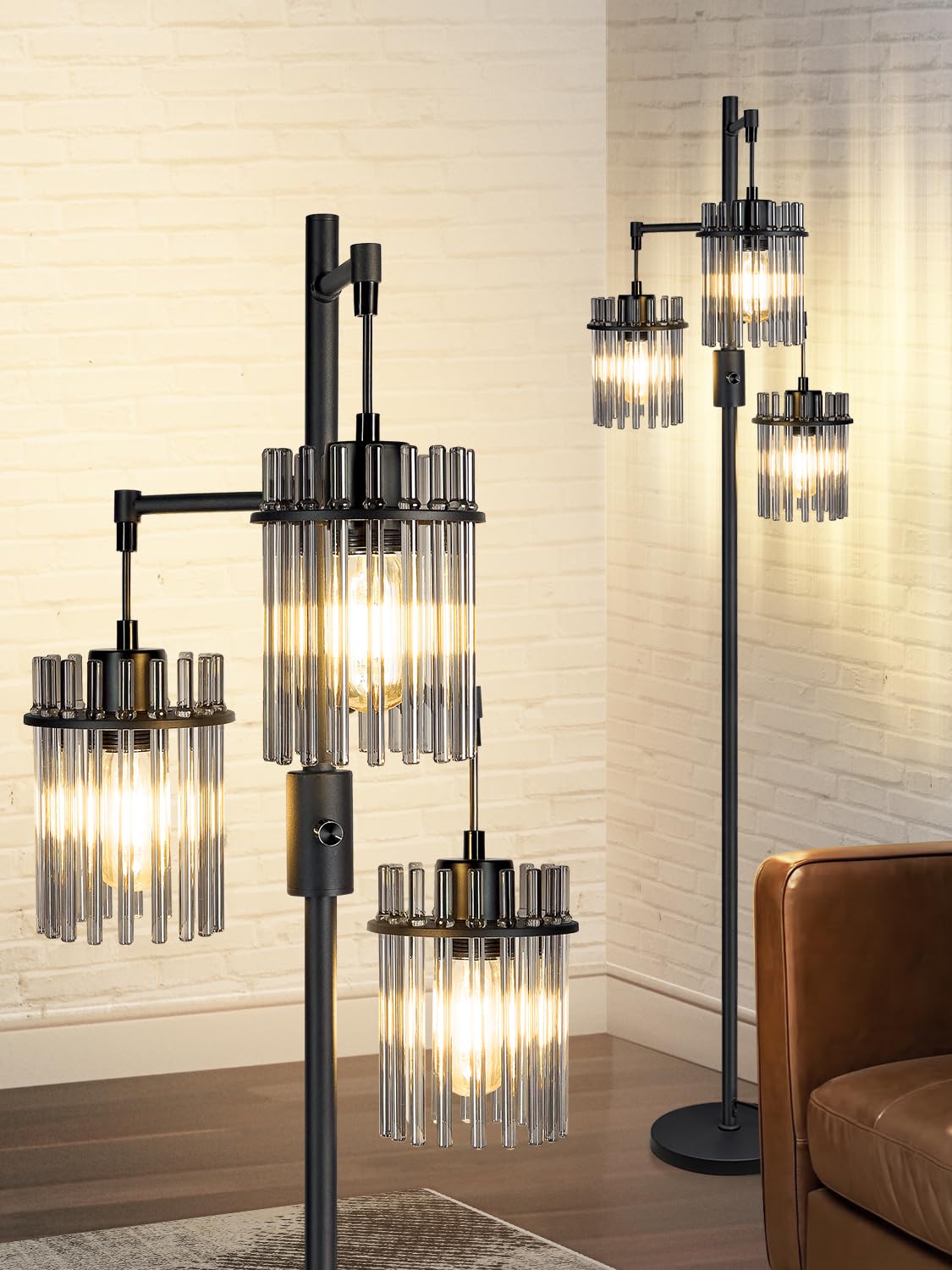 Dimmable Industrial Floor Lamp - 66 Inch Tall Glass Tree Standing Lamp with 3 Teardrop Cage Heads & 800 Lumens LED Bulbs for Living Room, Bedroom, Office - Modern Lighting for Home Decor & Workspace Ambiance
