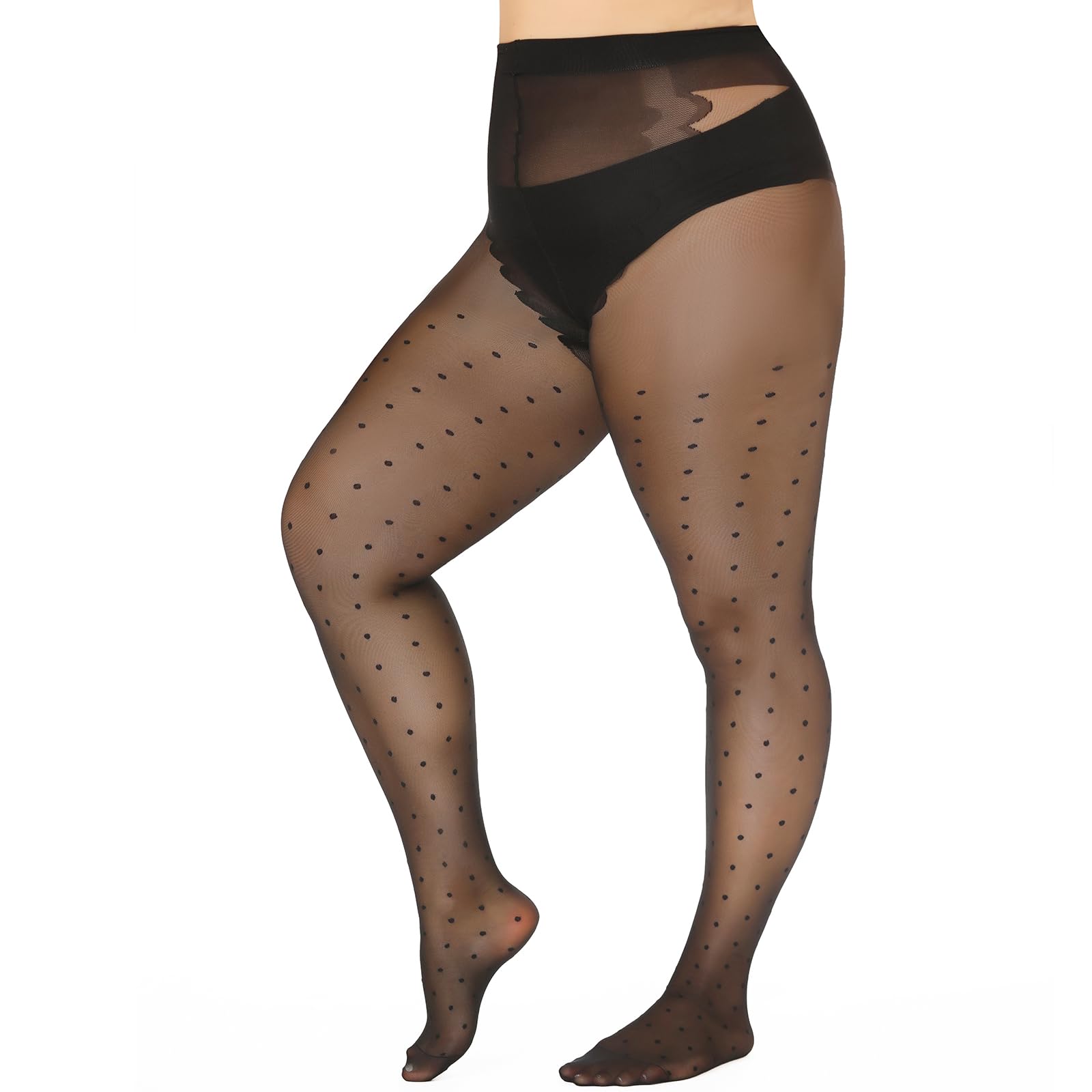 MANZI Plus Size Sheer Pantyhose for Women - Black Polka Dot Tights, 20D Sexy Stockings with Floral Pattern | Perfect for Office, Date Night & Special Occasions