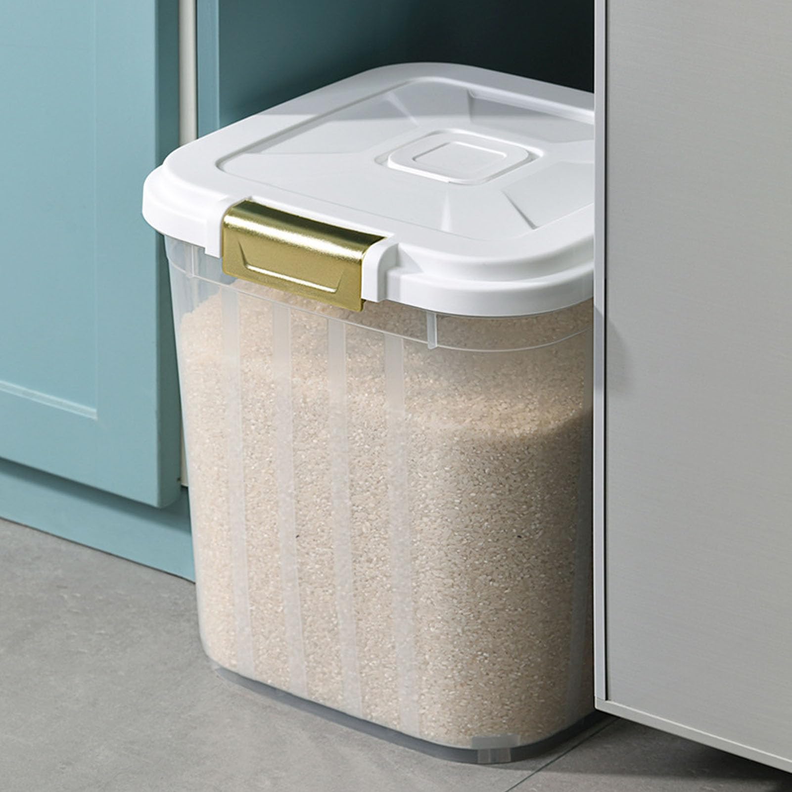 Airtight Rice Storage Container with Measuring Cup & Spoon - Thickened PP Grain Bin for Dry Food, Baking Supplies, Grains - Perfect for Kitchen Pantry Organization & Bulk Food Storage