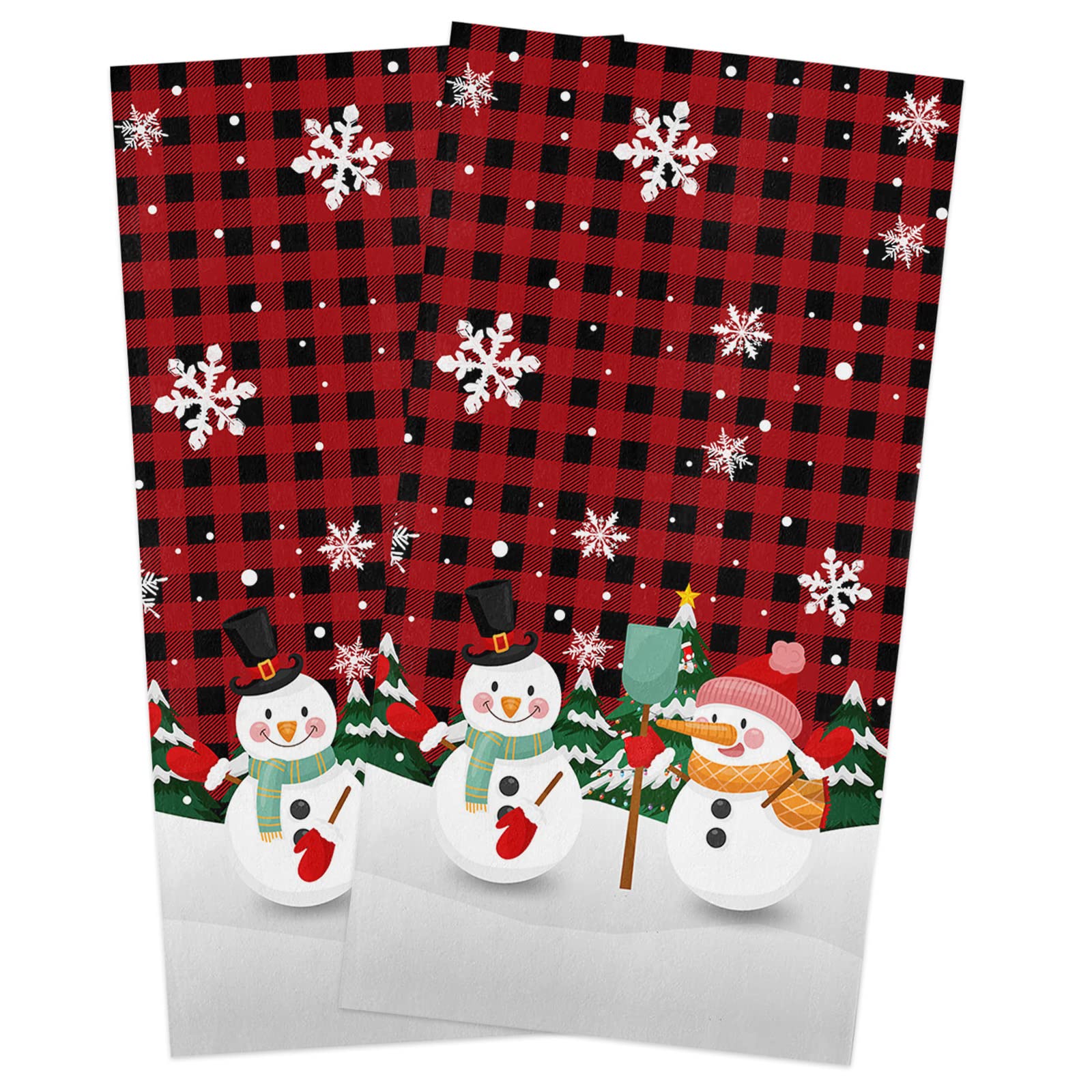 Christmas Kitchen Towels - 2 Pack Super Absorbent Dish Towels for Holiday Decor, Xmas Snowman & Snowflake Design, Red Black Buffalo Plaid Check Farmhouse Style, 18