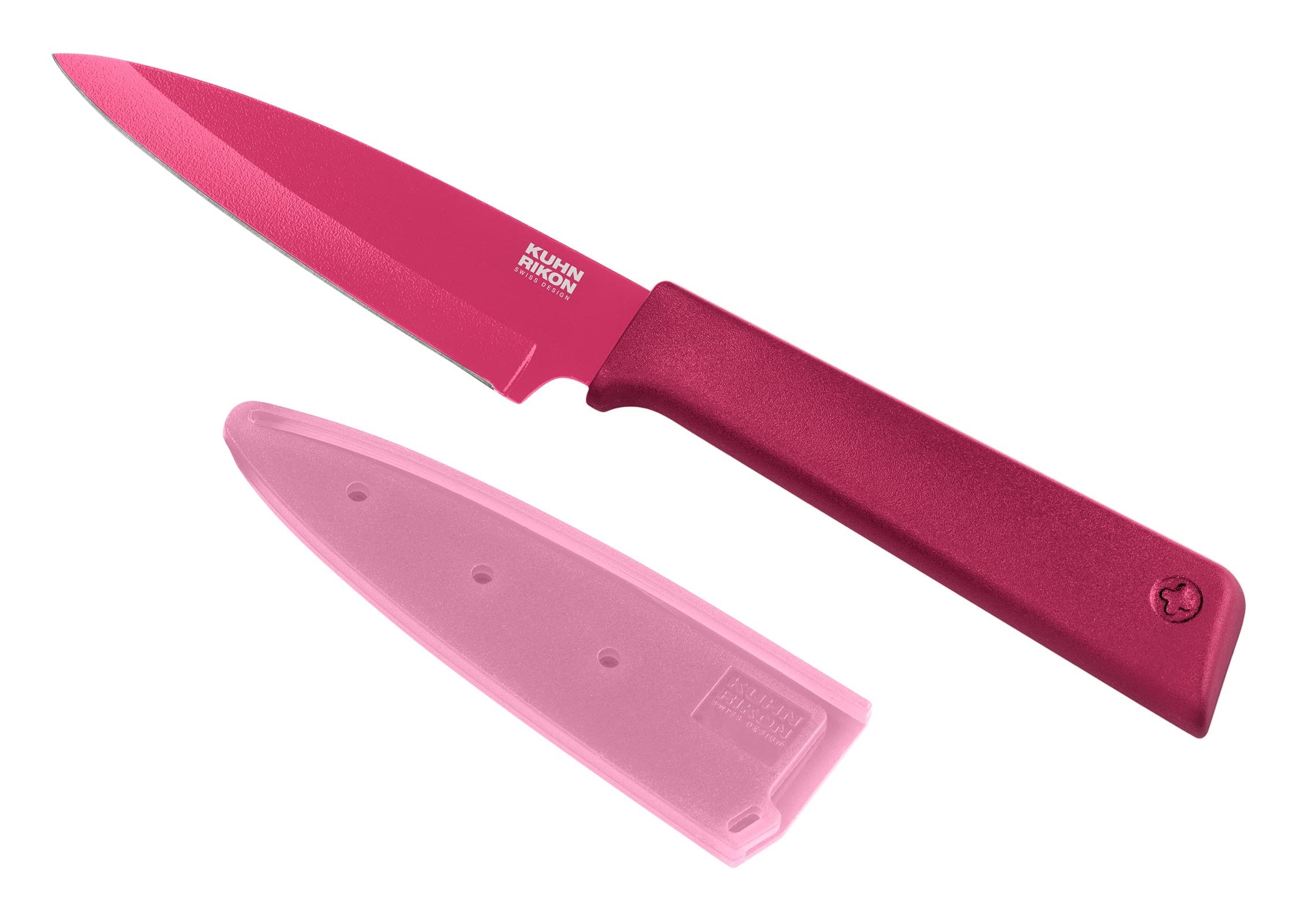 KUHN RIKON Colori+ 7.5-Inch Non-Stick Straight Paring Knife with Safety Sheath - Fuchsia Kitchen Knife for Peeling, Slicing Fruits & Vegetables | Perfect for Home Cooking & Camping