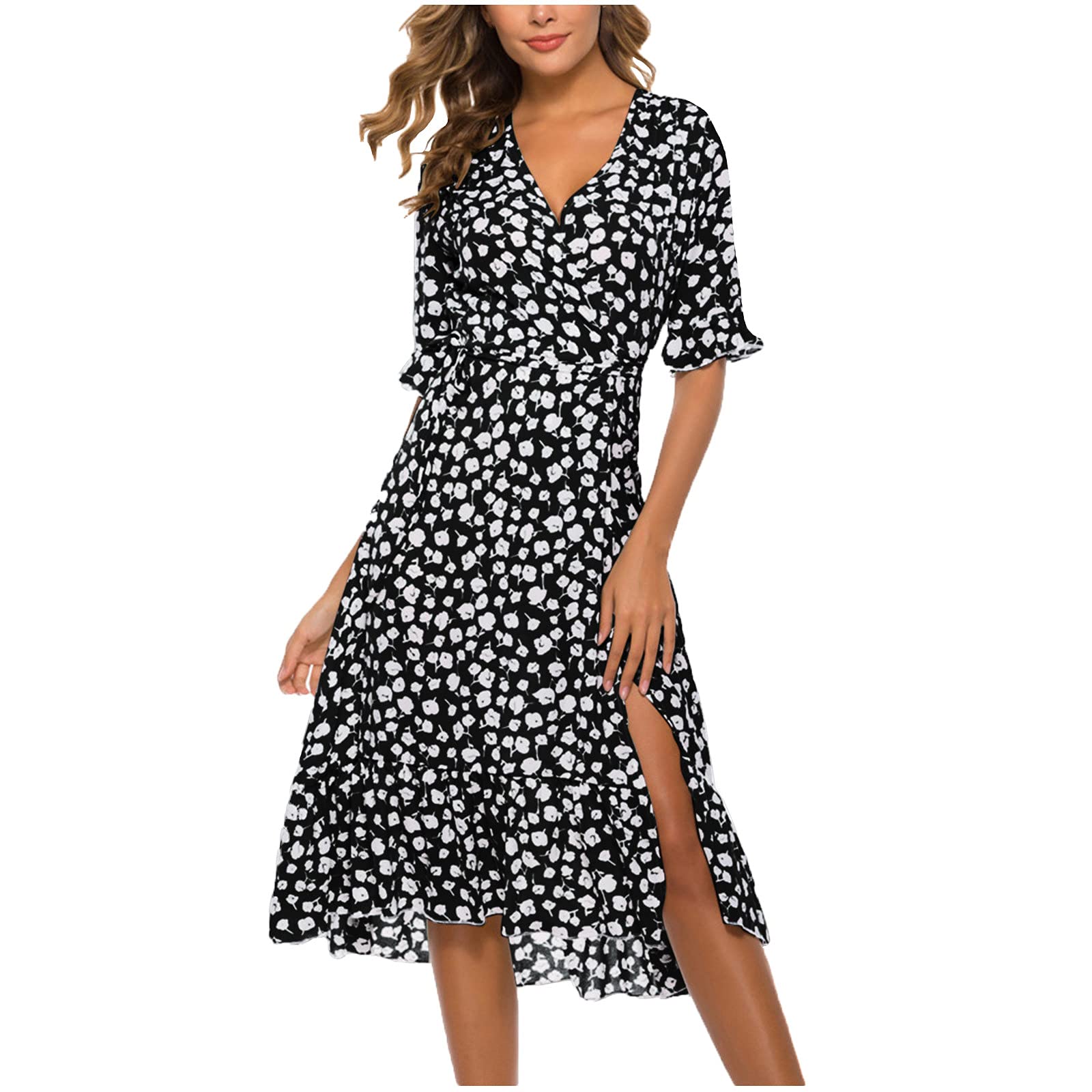 FengLS Women's Summer V-Neck Short Sleeve Beach Sundress - Sexy Party Prom Dress for Casual Outings, Vacations & Special Occasions